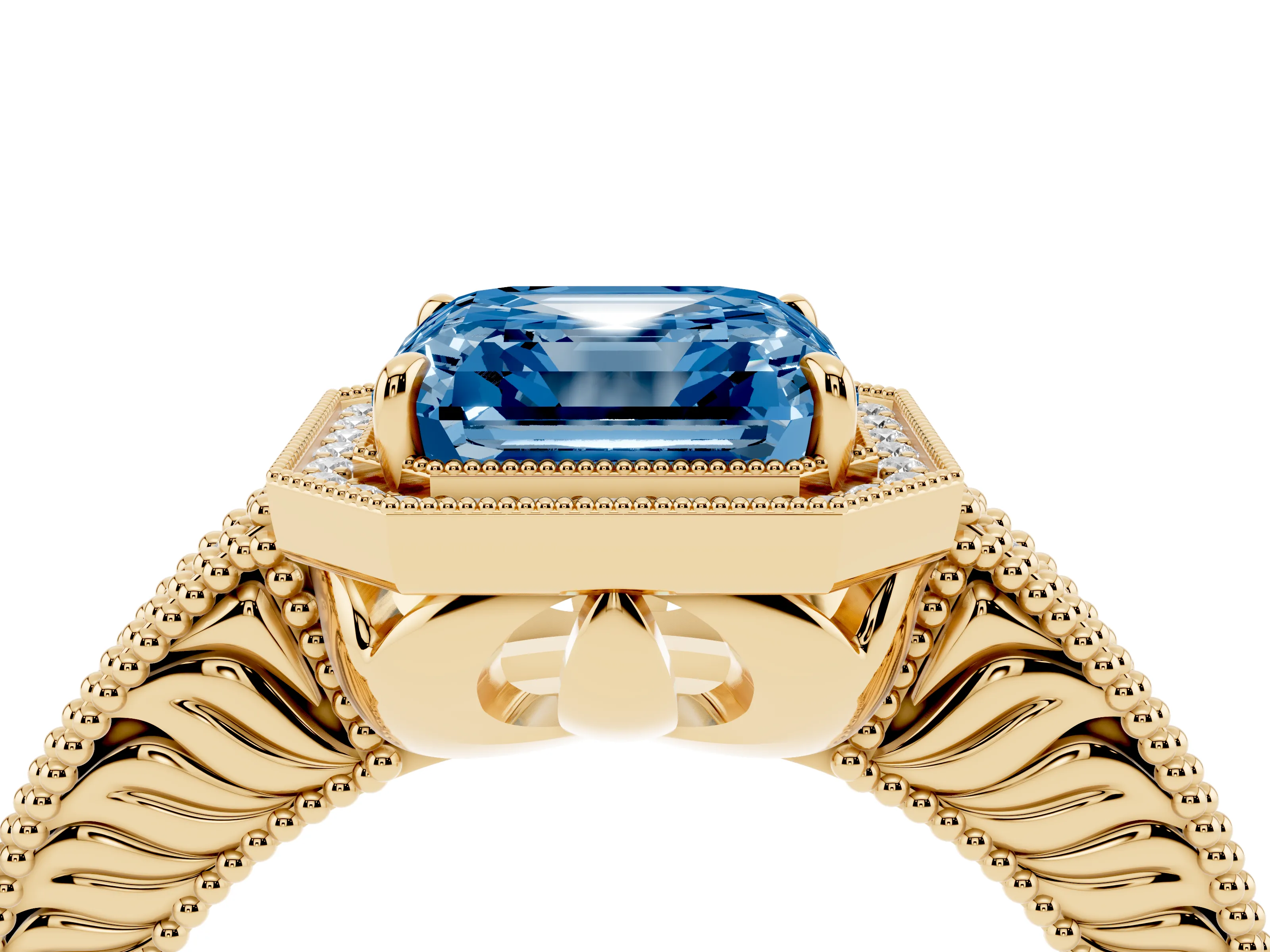 Fancy Blue Asscher Cut Diamond Halo Ring Set in Yellow gold with Round Accent Halo, Pavé Band and Prong Setting