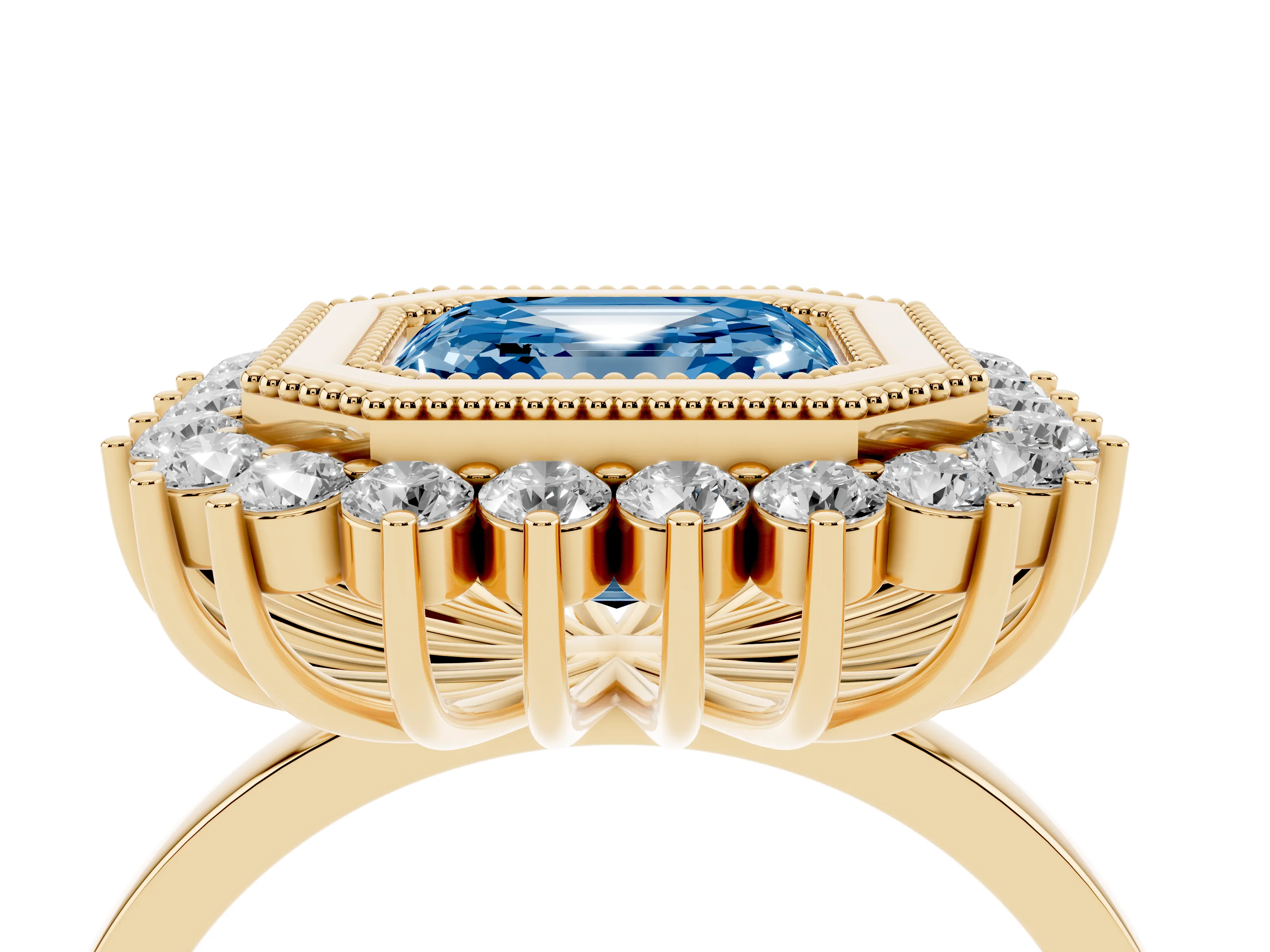 Fancy Blue Asscher Cut Diamond Halo Ring Set in Yellow gold with Milgrain Edge and Round Prong Setting