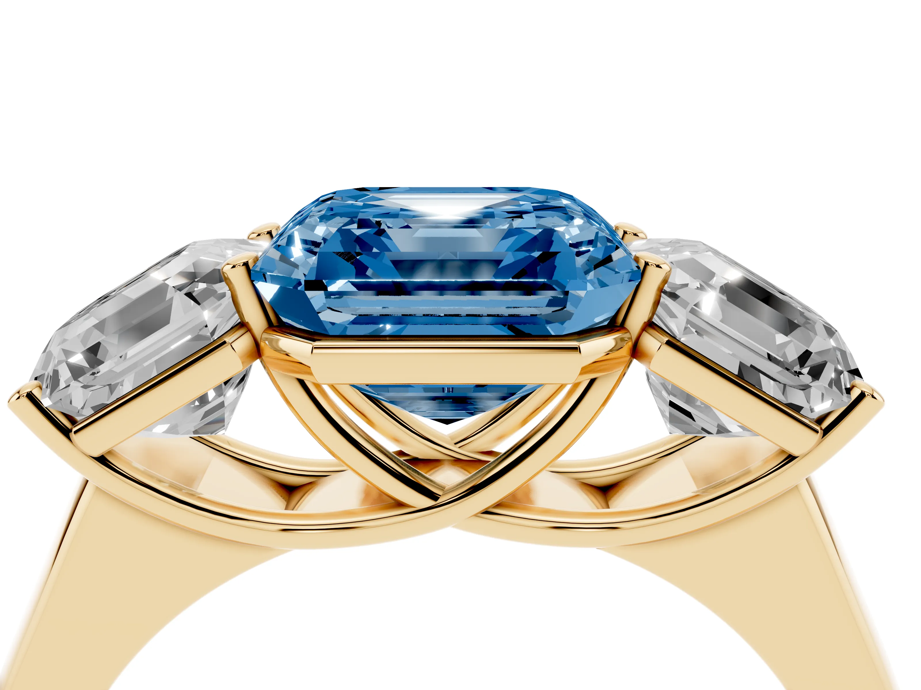 Fancy Blue Asscher Cut Diamond Three-Stone Ring Set in Yellow gold with Plain Polished Band
