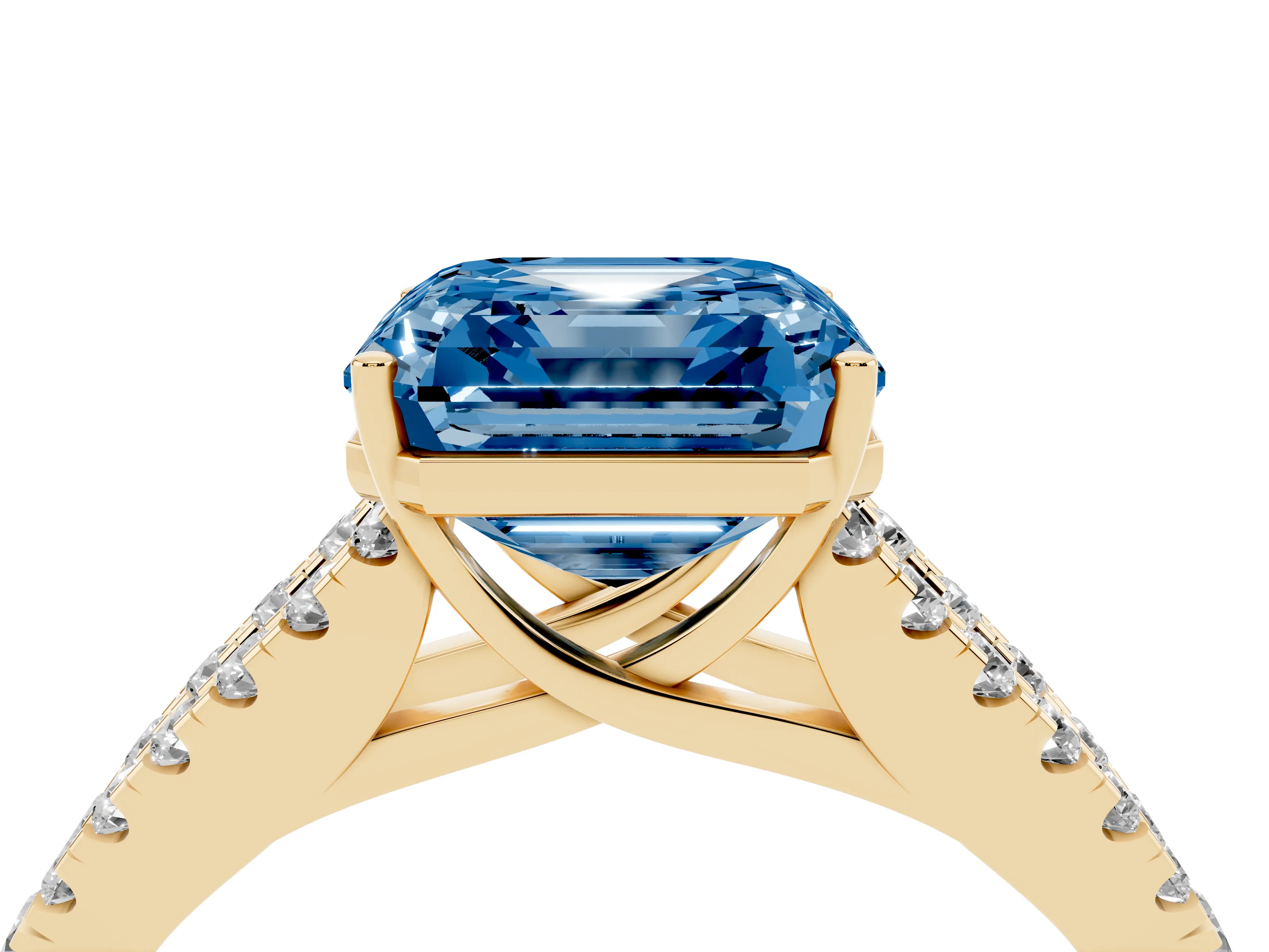 Fancy Blue Asscher Cut Diamond Split Shank Pavé Engagement Ring Set in Yellow gold with Prong-Held Center Stone
