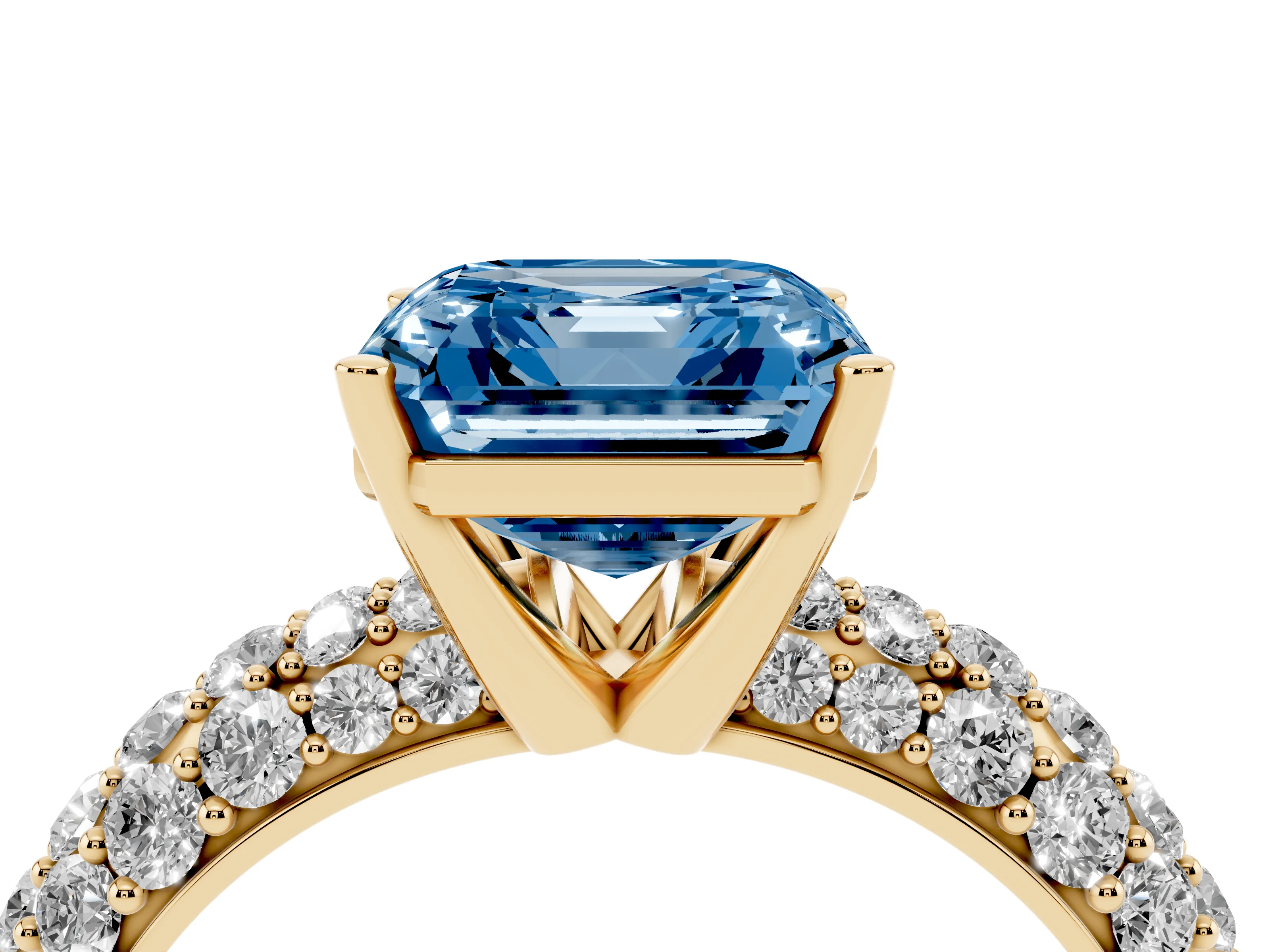 Fancy Blue Asscher Cut Diamond Pavé Band Solitaire Ring Set in Yellow gold with Close-Set Accent Stones and Prong Setting