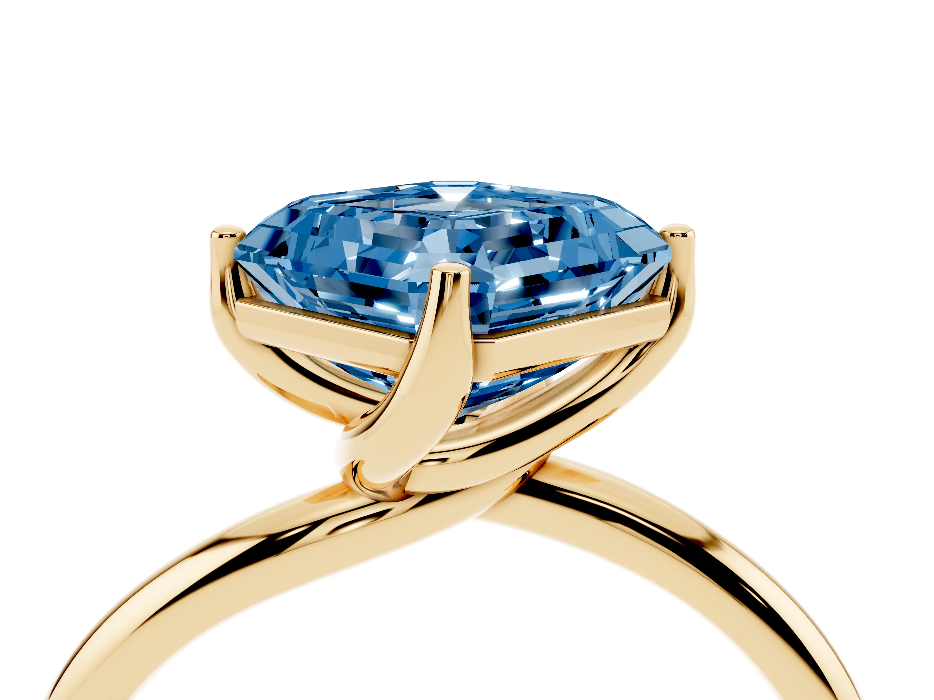 Fancy Blue Asscher Cut Diamond Solitaire Engagement Ring Set in Yellow gold with Classic Plain Band