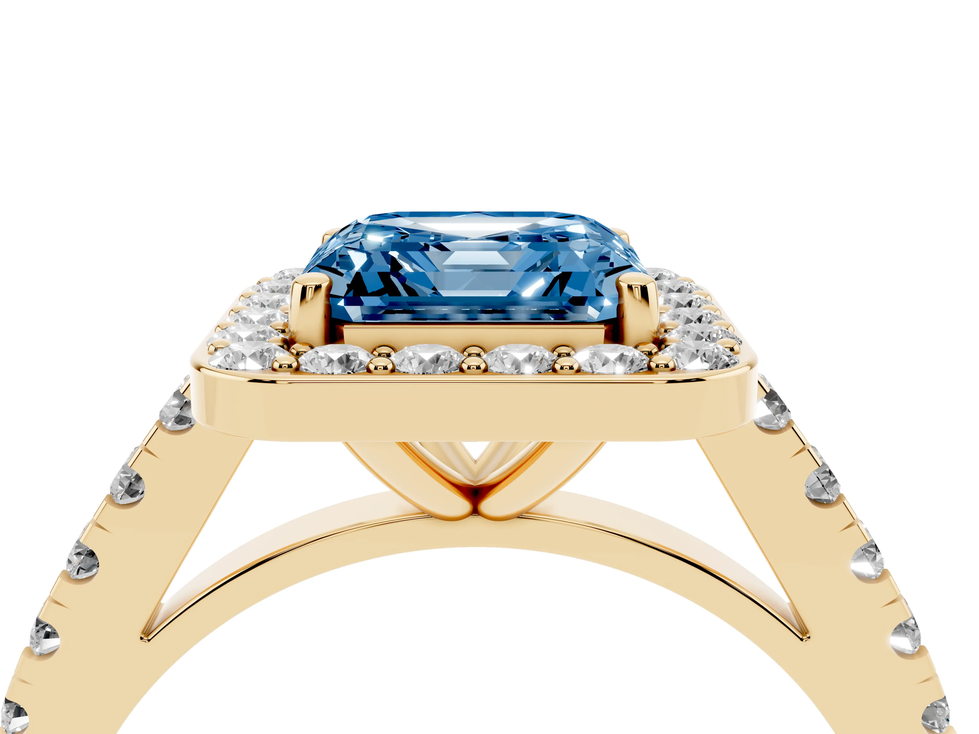 Fancy Blue Asscher Cut Diamond Halo Ring Set in Yellow gold with Round Pavé Split Shank and Prong Setting