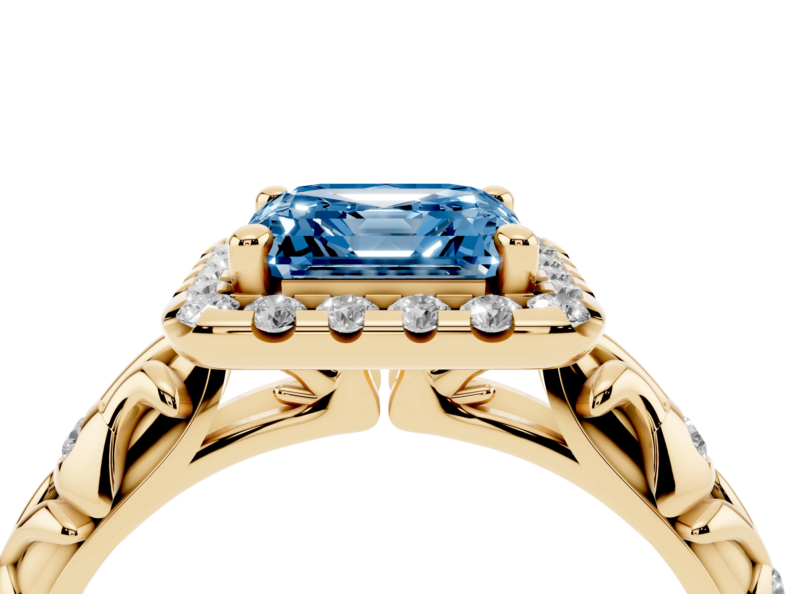 Fancy Blue Asscher Cut Diamond Halo Ring Set in Yellow gold with Filigree Leaf Band and Prong Setting