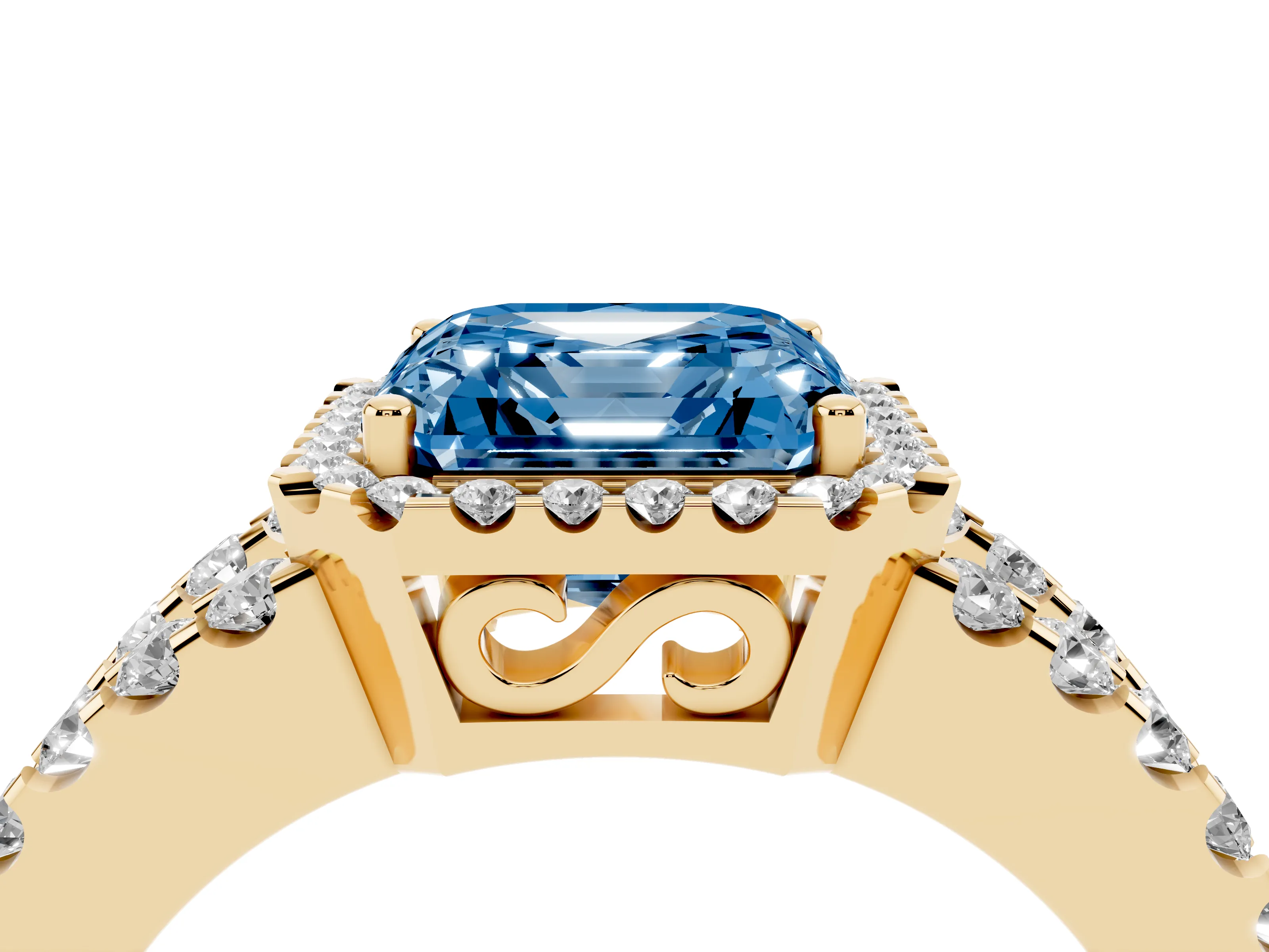 Fancy Blue Asscher Cut Diamond Halo Ring Set in Yellow gold with Pavé Split Shank and Prong Setting