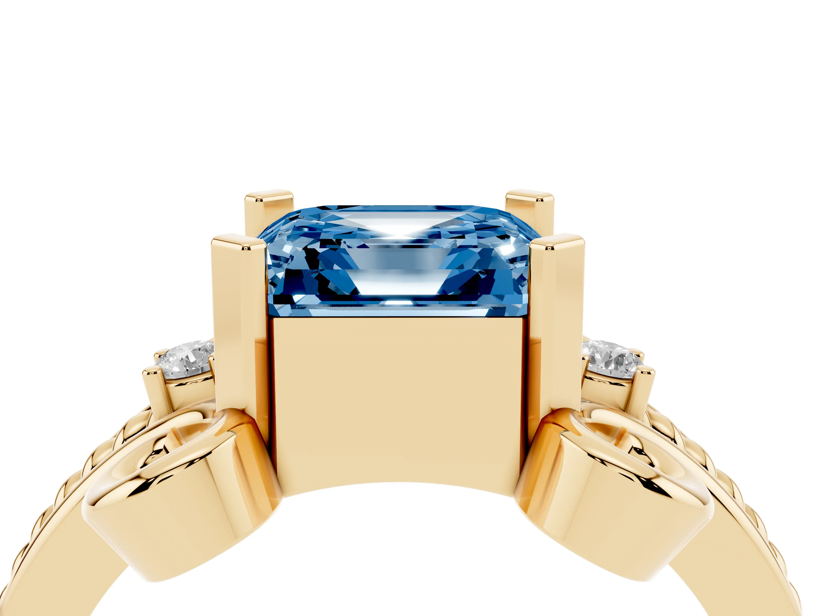Fancy Blue Asscher Cut Diamond Twisted Band Solitaire Ring Set in Yellow gold with Scroll Prongs