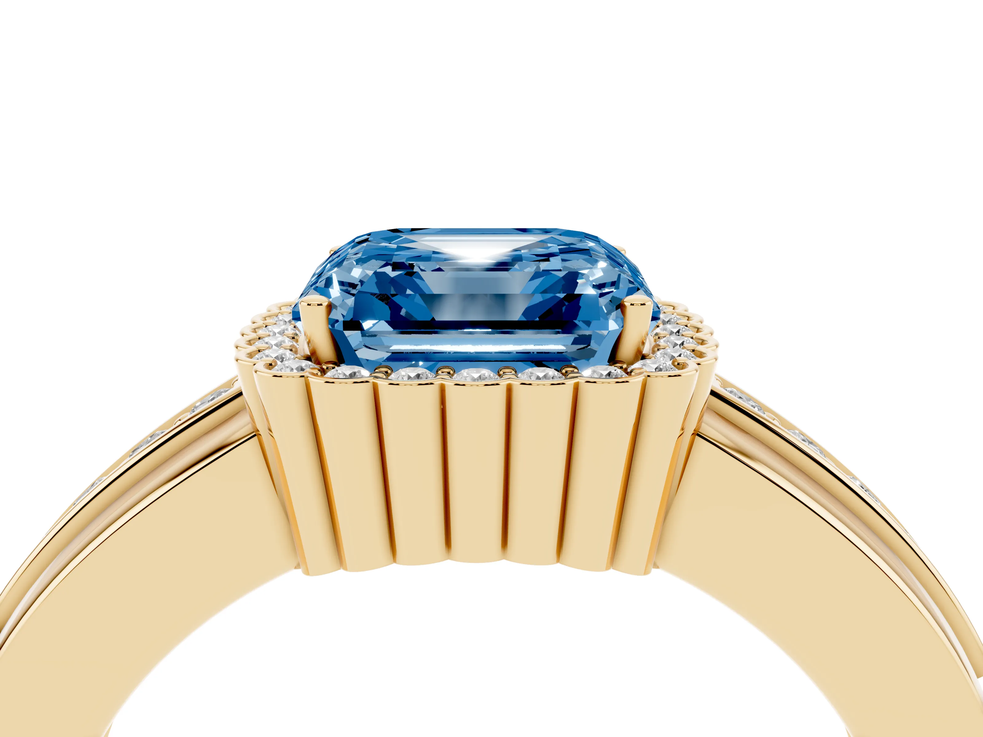 Fancy Blue Asscher Cut Diamond Halo Prong Ring Set in Yellow gold with Pavé Band