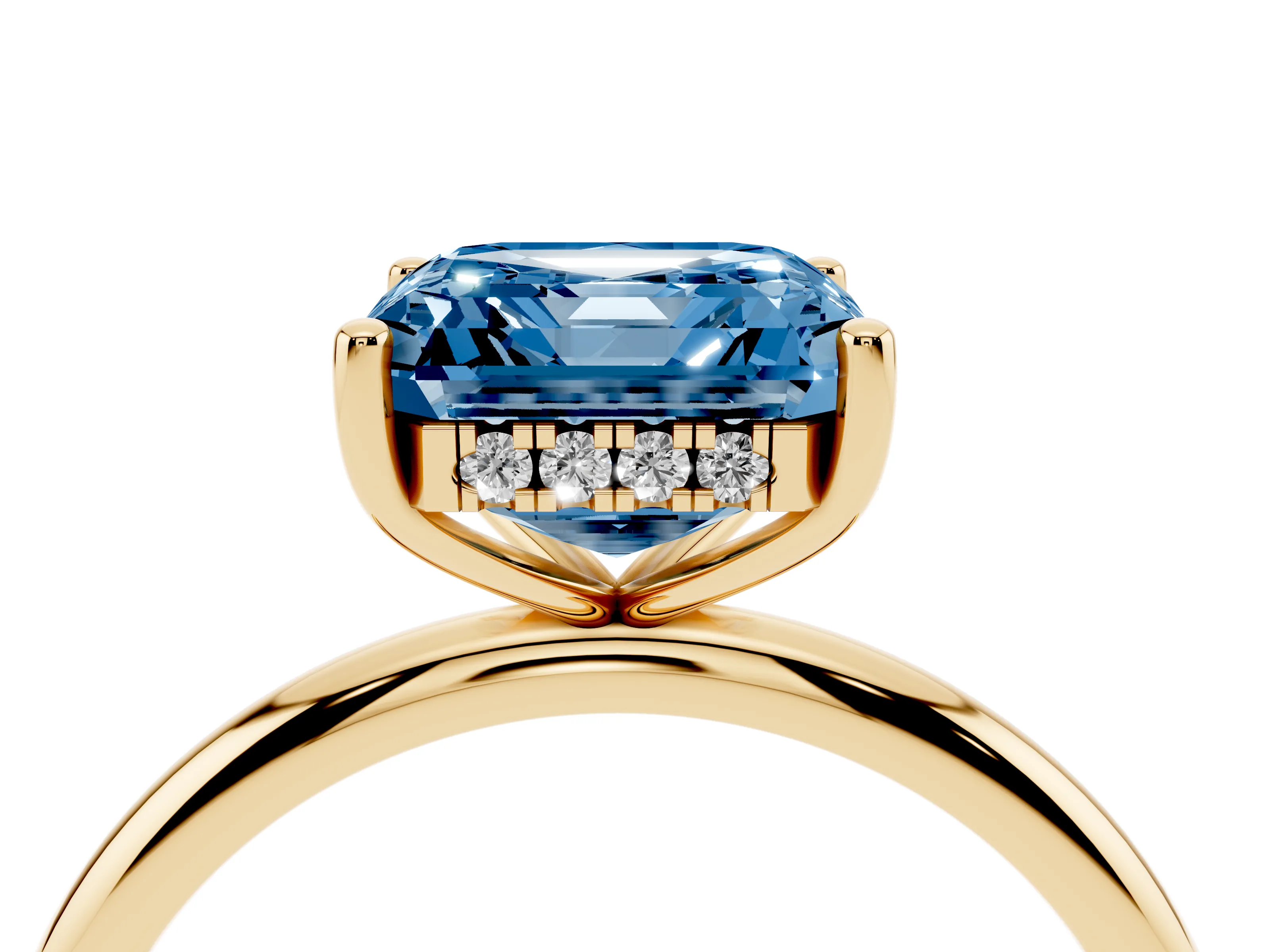 Fancy Blue Asscher Cut Diamond Solitaire Engagement Ring Set in Yellow gold with Prong Setting and Polished Band