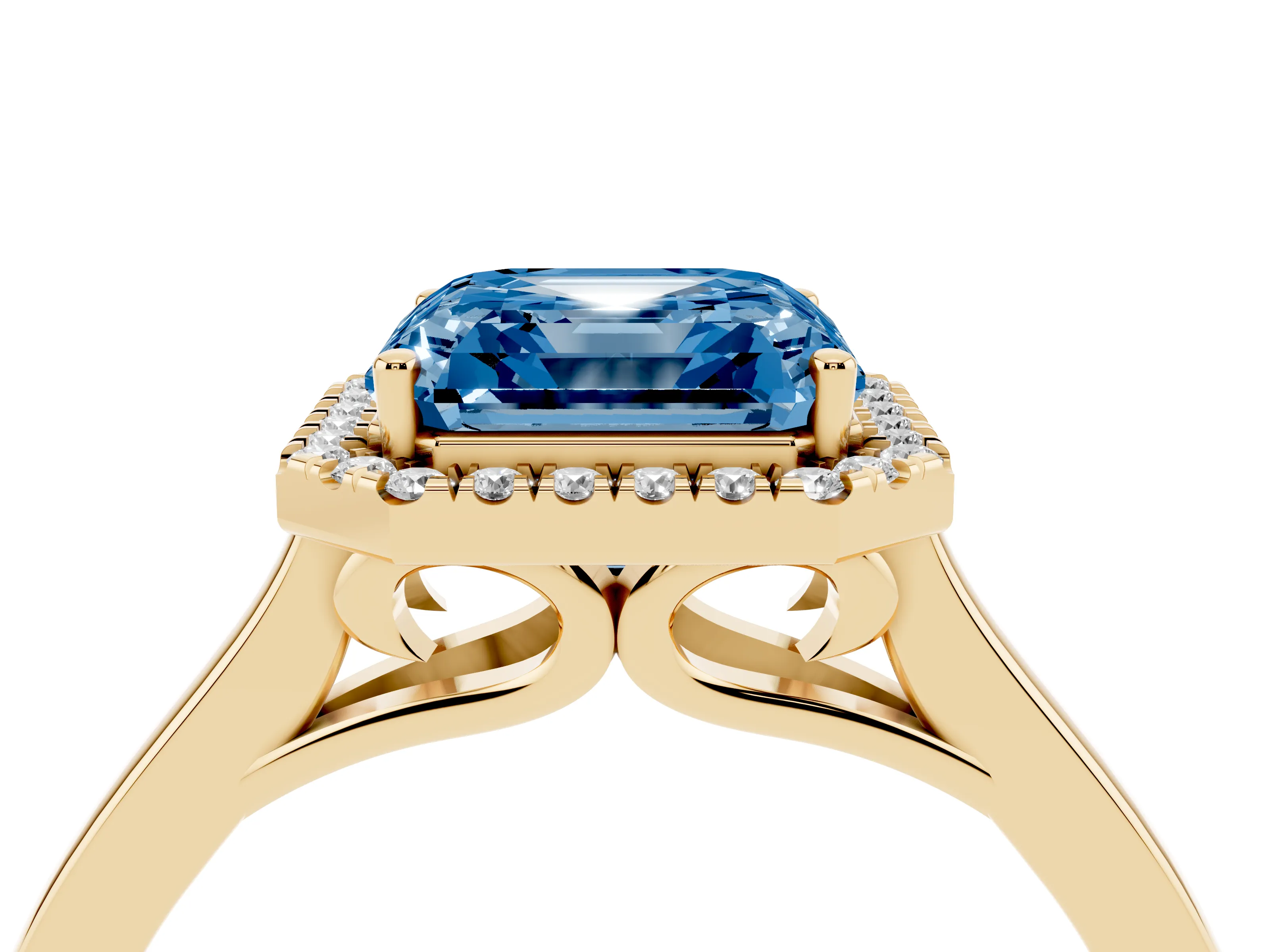 Fancy Blue Asscher Cut Halo Round Diamond Solitaire Ring Set in Yellow gold with Pavé Band and Prong Setting