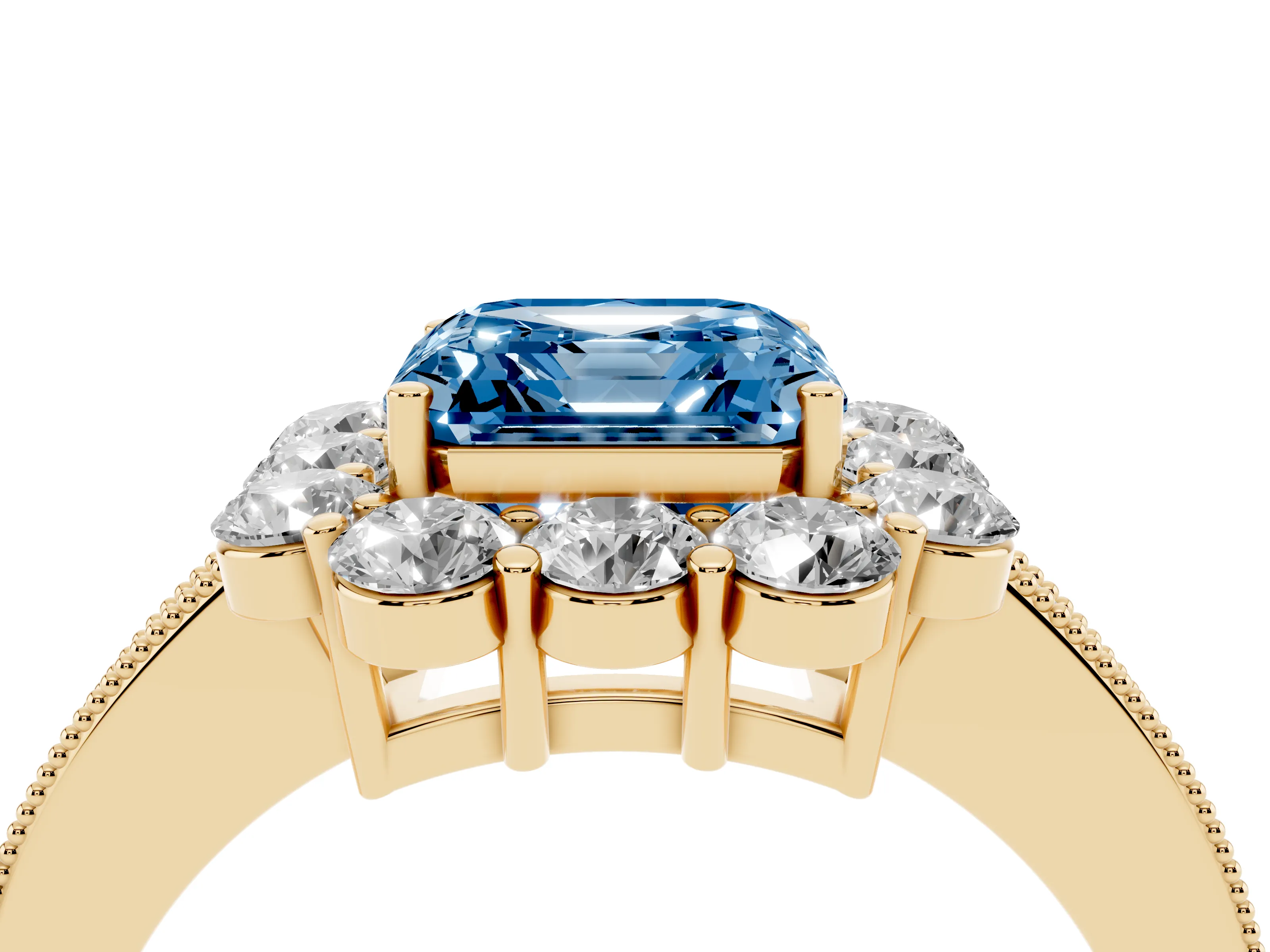 Fancy Blue Asscher Cut Diamond Halo Pavé Engagement Ring Set in Yellow gold with Milgrain Detailing