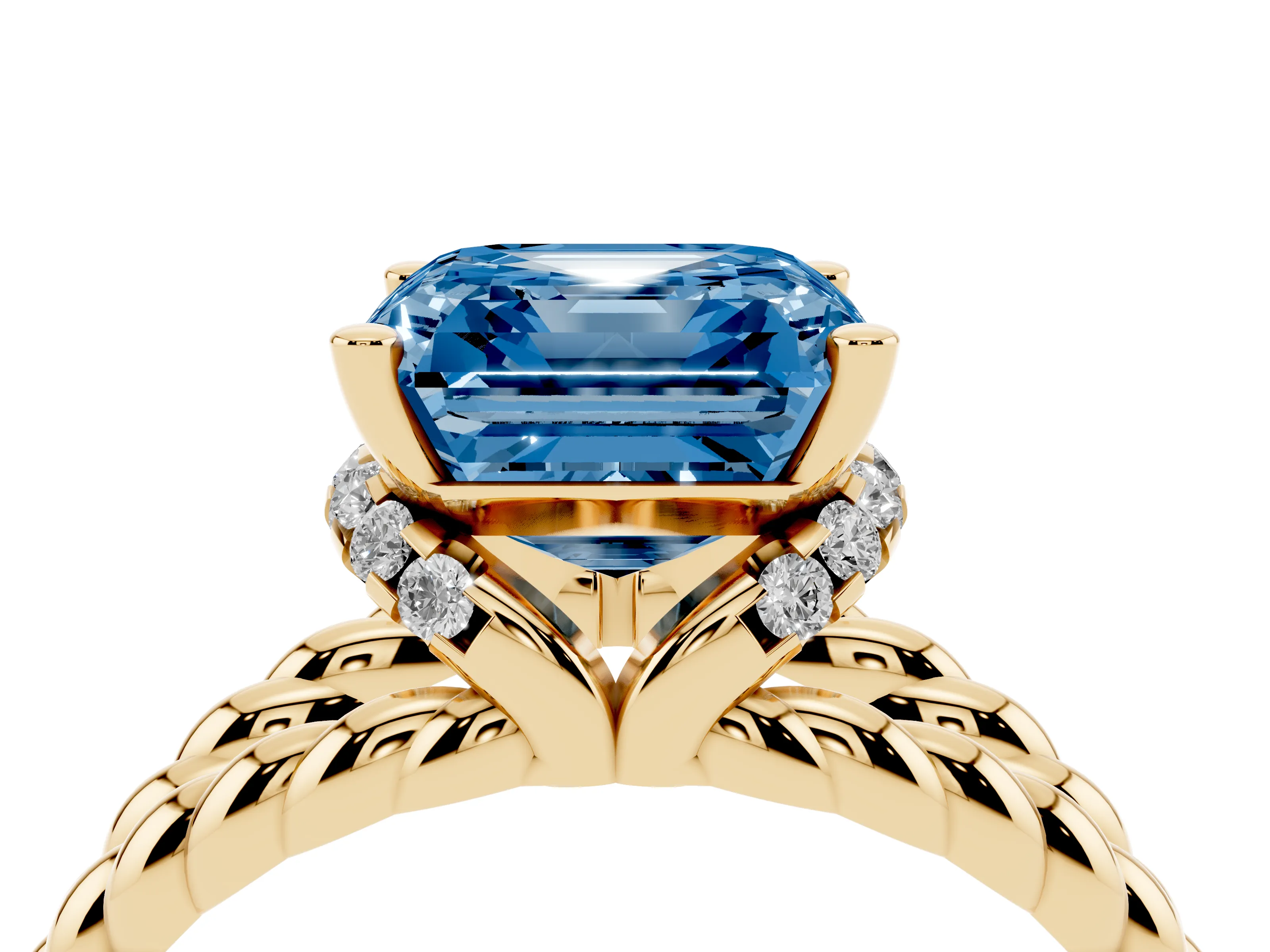 Fancy Blue Asscher Cut Diamond Halo Ring Set in Yellow gold with Twisted Band and Prong Setting