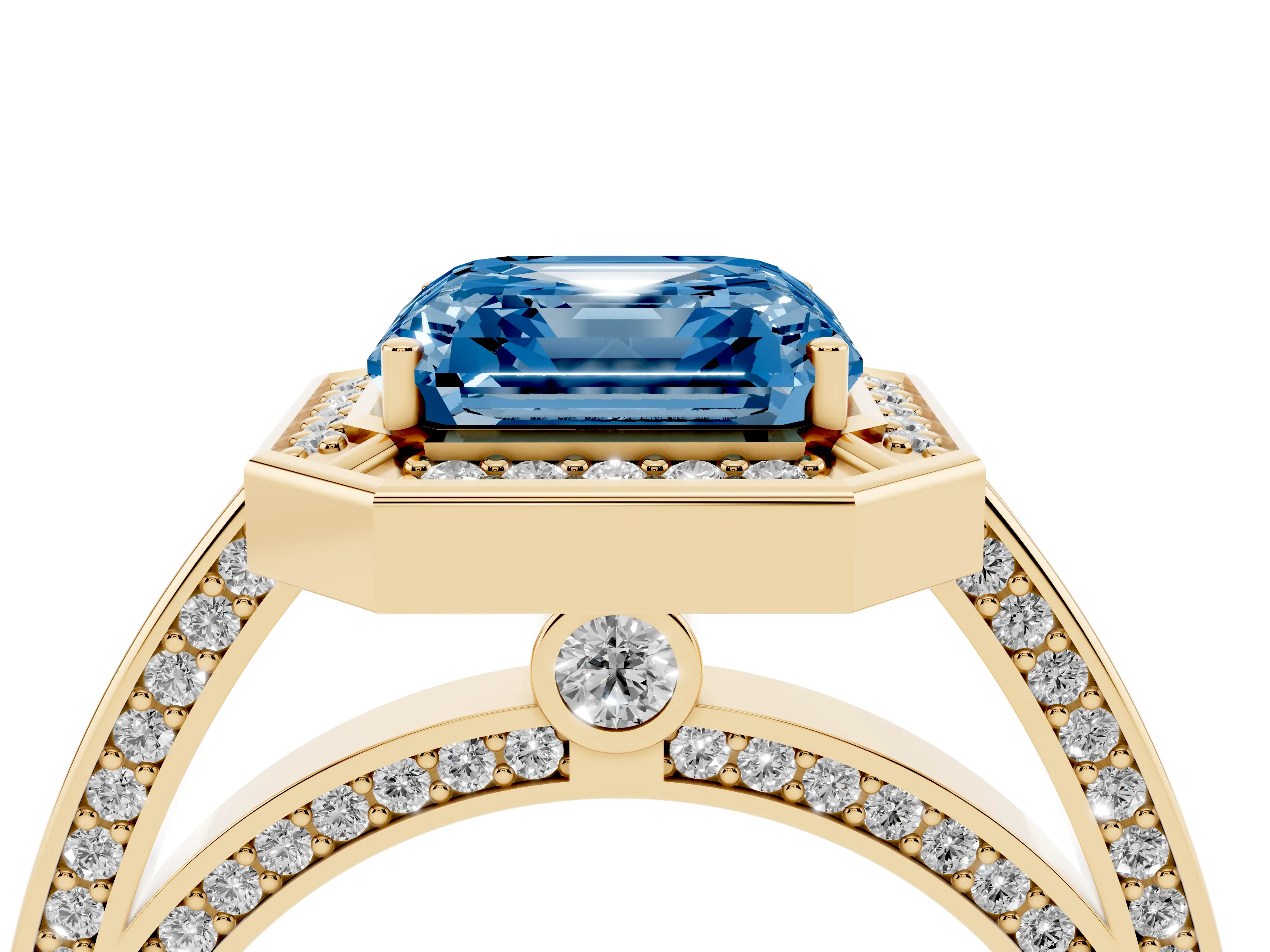 Fancy Blue Asscher Cut Diamond Halo Pavé Split Shank Ring Set in Yellow gold with Prong Setting