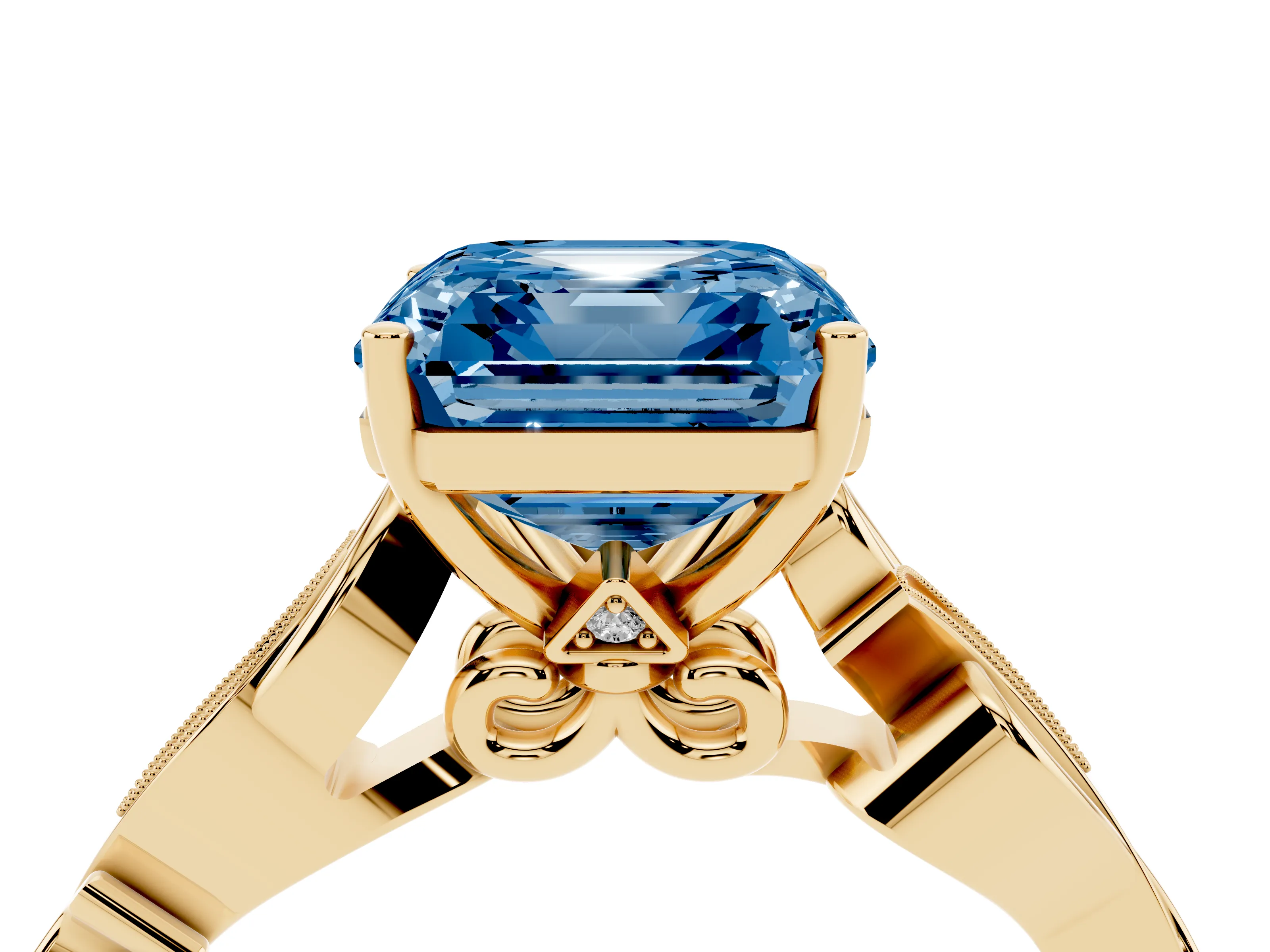 Fancy Blue Asscher Cut Diamond Vine Band Solitaire Ring Set in Yellow gold with Milgrain Prong Setting