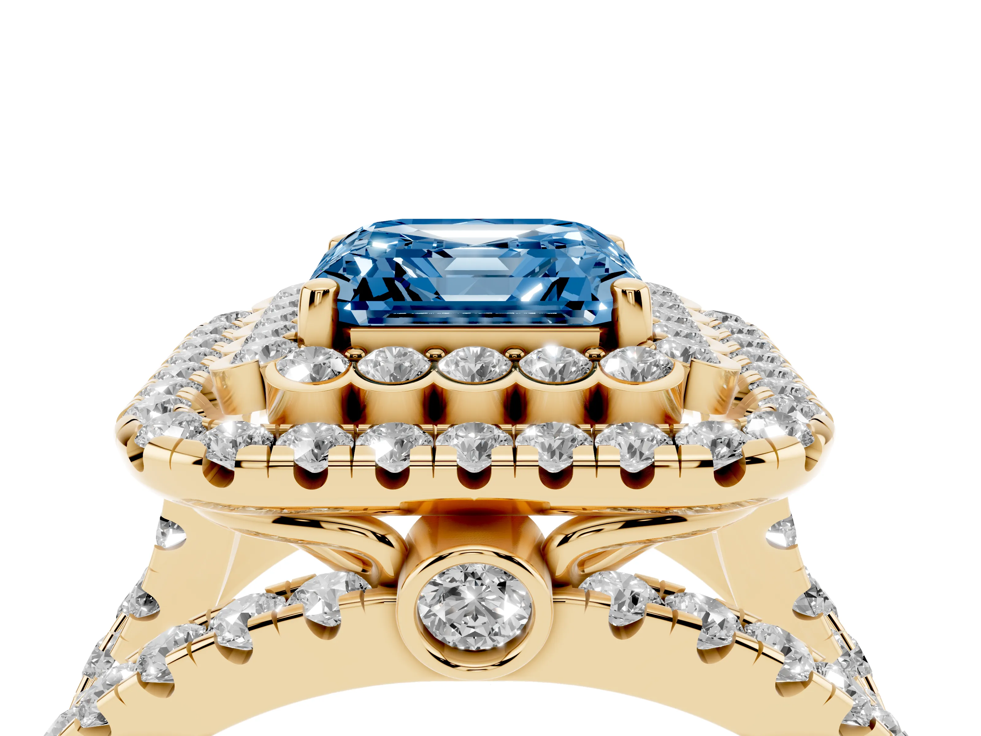 Fancy Blue Asscher Cut Diamond Double Halo Ring Set in Yellow gold with Round Pavé Split Shank