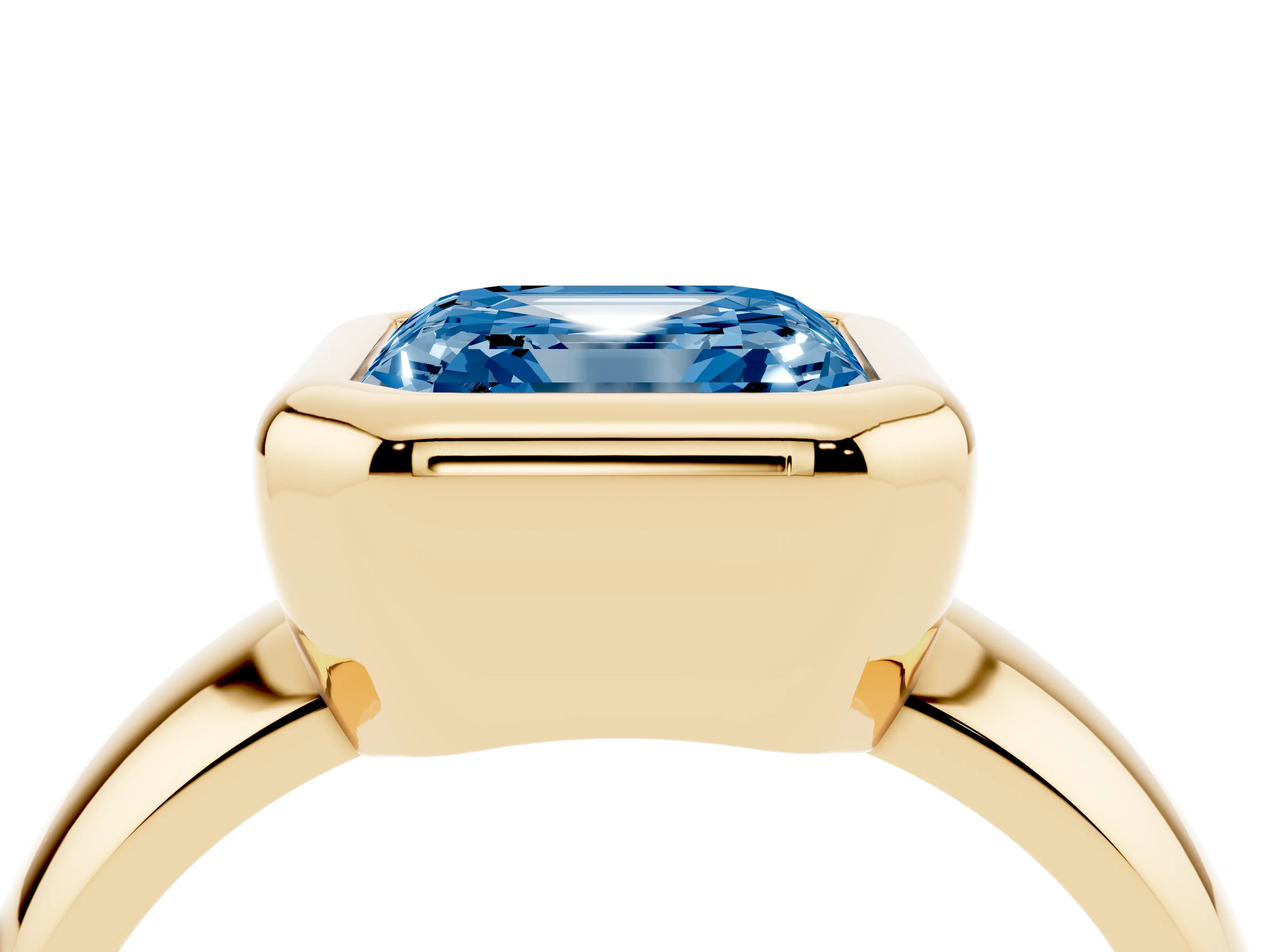 Fancy Blue Bezel Set Asscher Cut Diamond Solitaire Ring Set in Yellow gold with Wide Band