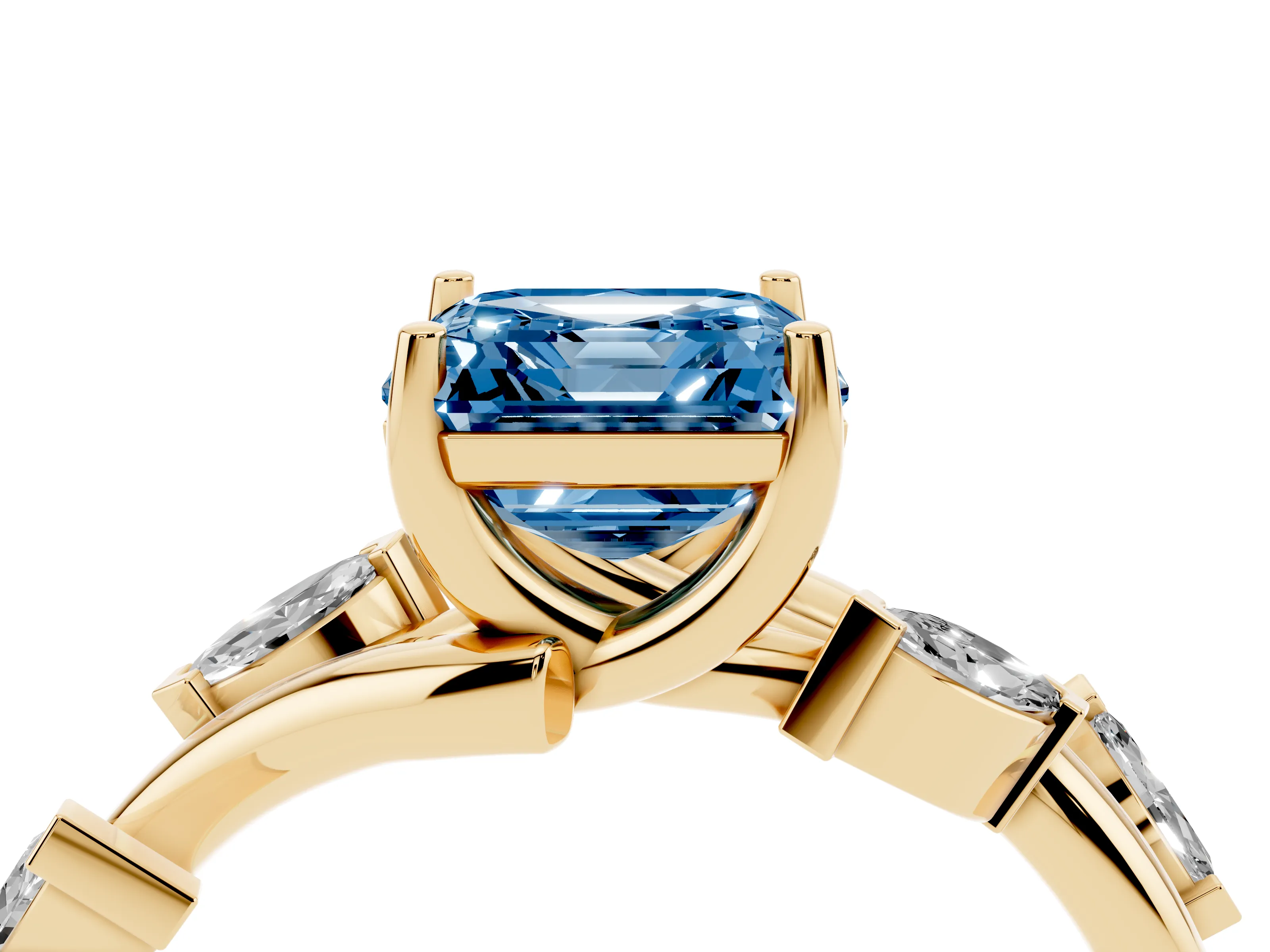 Fancy Blue Asscher Cut Diamond Solitaire Ring Set in Yellow gold with Twisted Marquise Accent Band