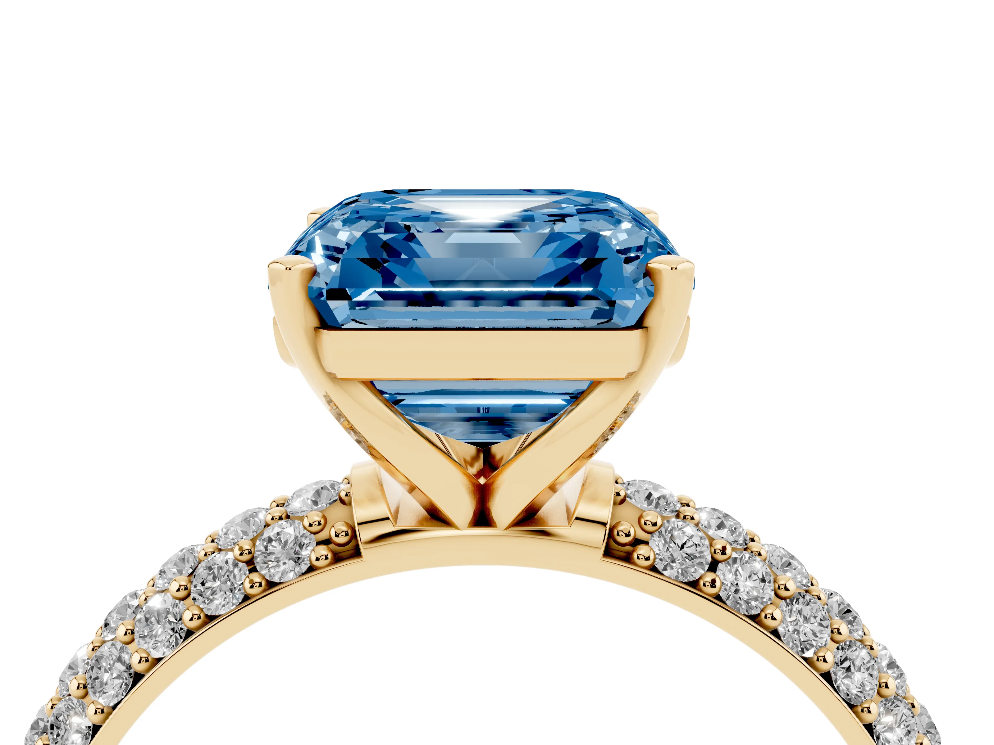 Fancy Blue Asscher Cut Diamond Solitaire Ring Set in Yellow gold with Prong Setting and Pavé-Set Band