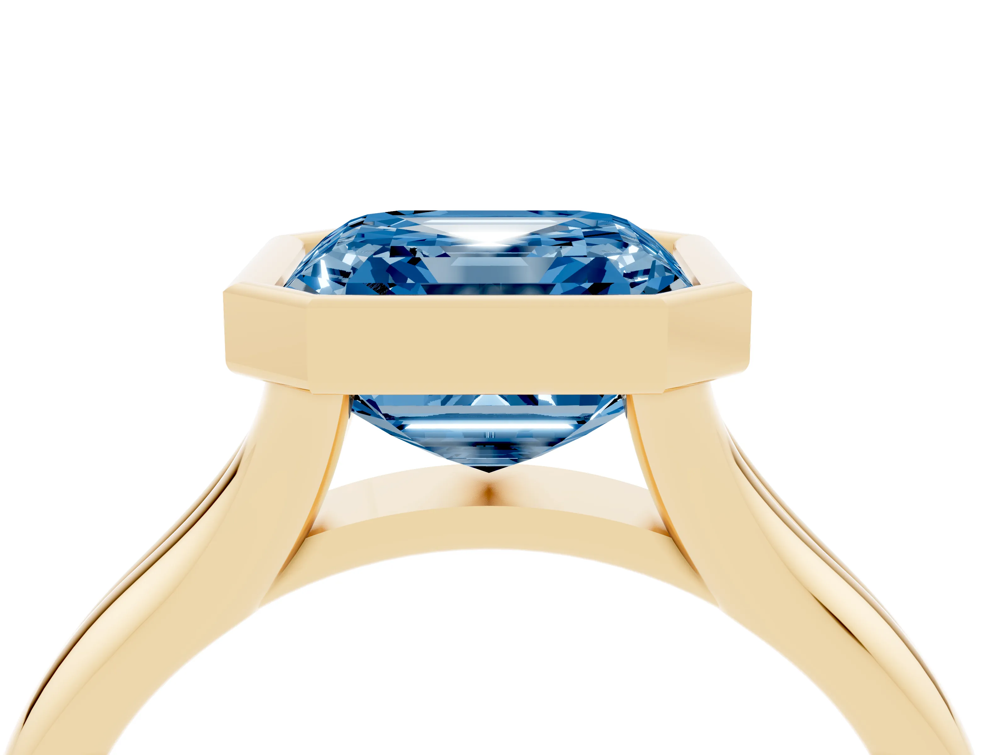 Fancy Blue Bezel Set Asscher Cut Diamond Solitaire Ring Set in Yellow gold with Smooth Band