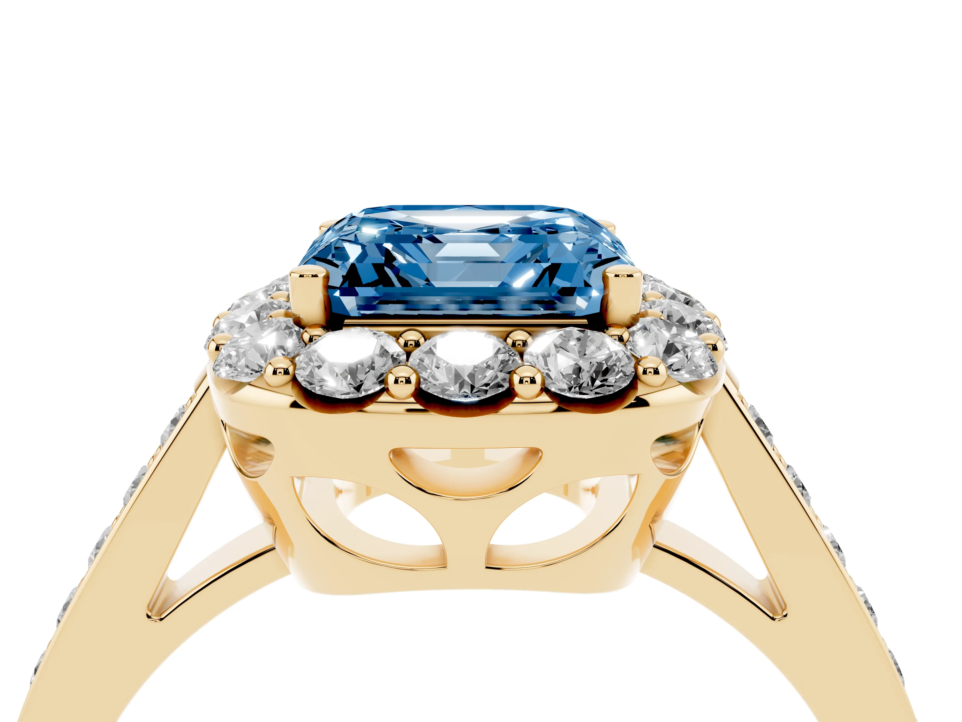 Fancy Blue Asscher Cut Diamond Floral Halo Ring Set in Yellow gold with Pavé Band and Prong Setting