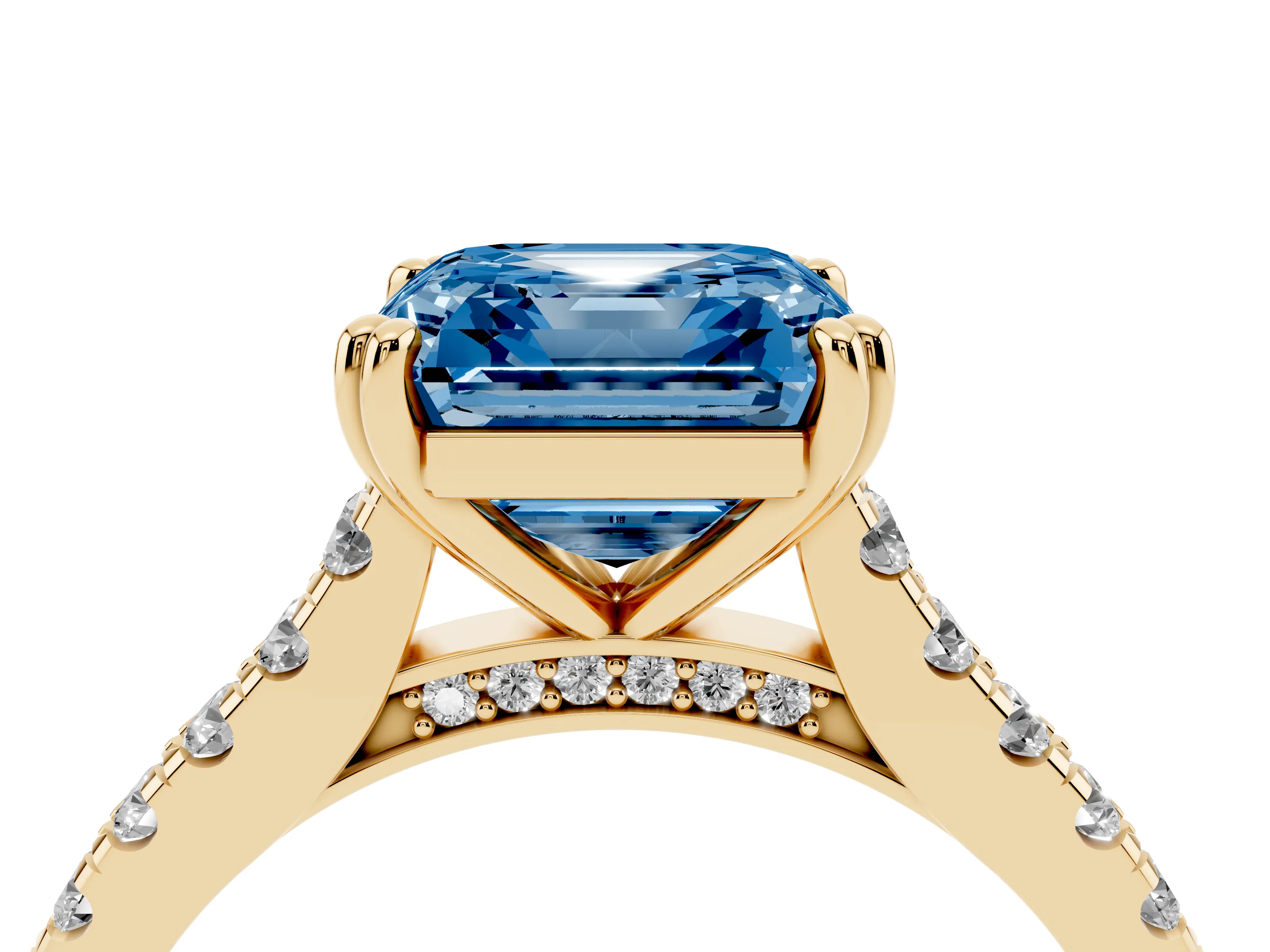 Fancy Blue Asscher Cut Diamond Solitaire Engagement Ring Set in Yellow gold with Pavé Accents and Prong Setting