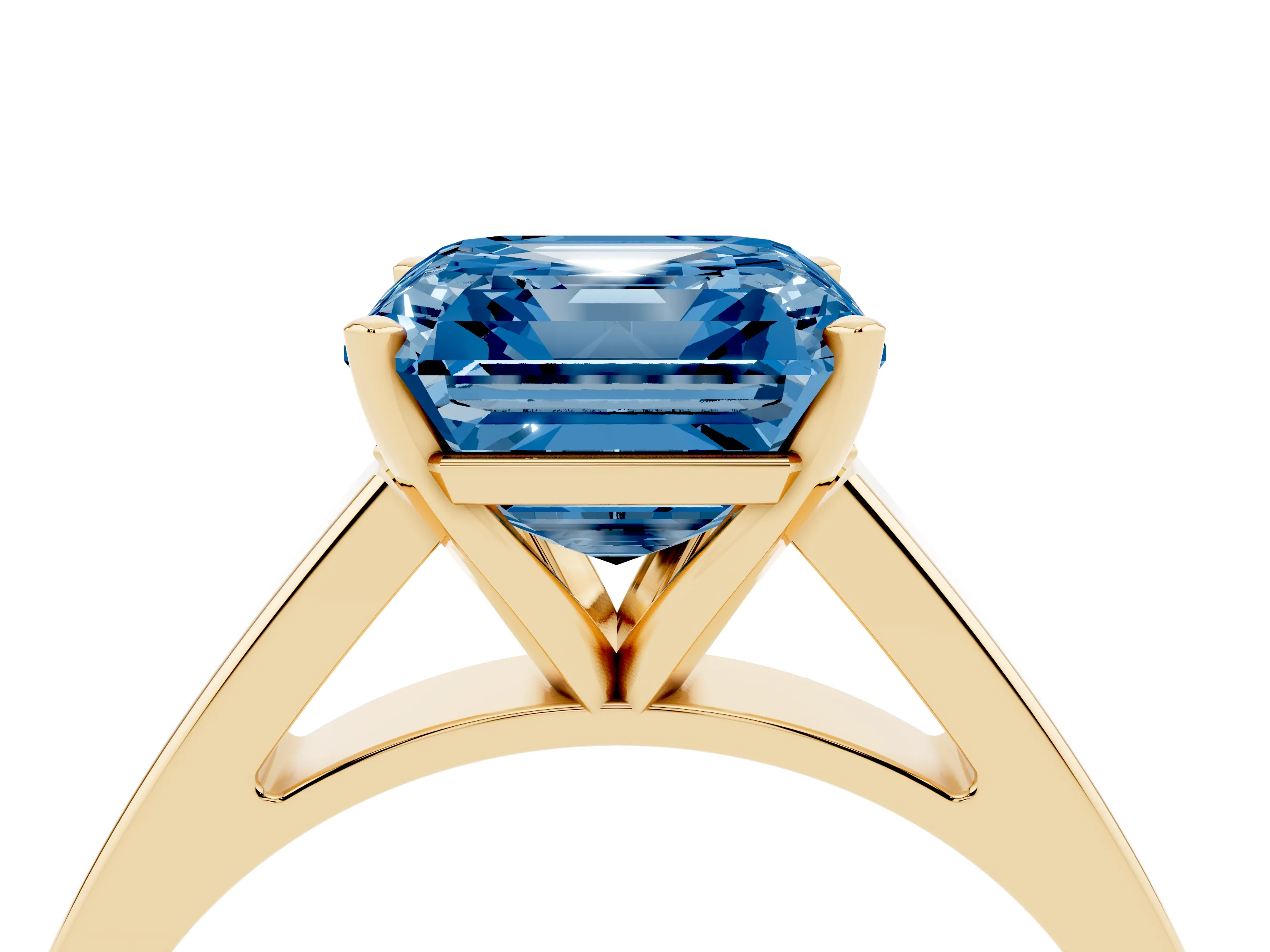 Fancy Blue Asscher Cut Diamond Solitaire Engagement Ring Set in Yellow gold with Prong Setting and Tapered Band