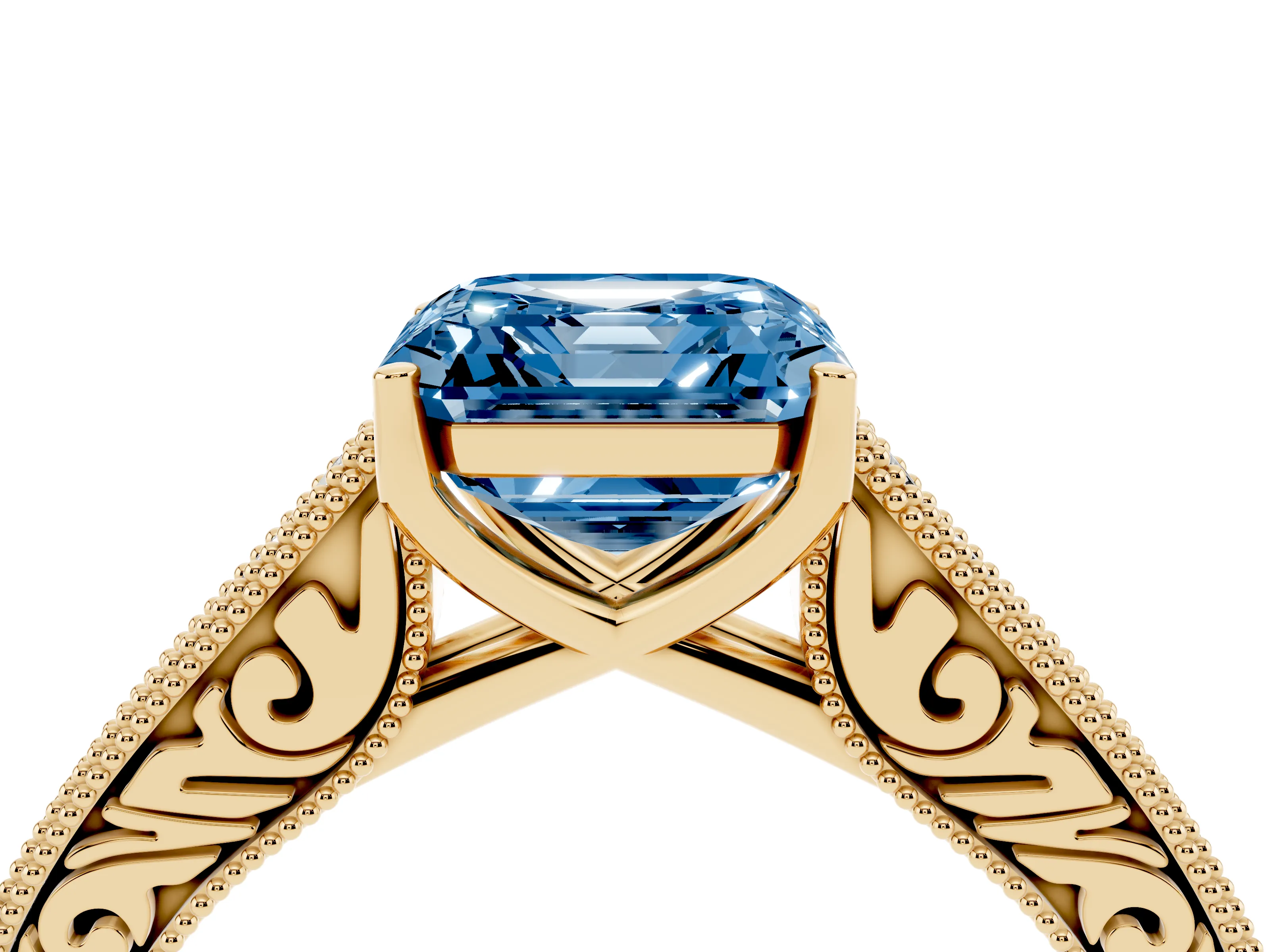 Fancy Blue Asscher Cut Diamond Milgrain Pavé Band Solitaire Ring Set in Yellow gold with Prong Setting