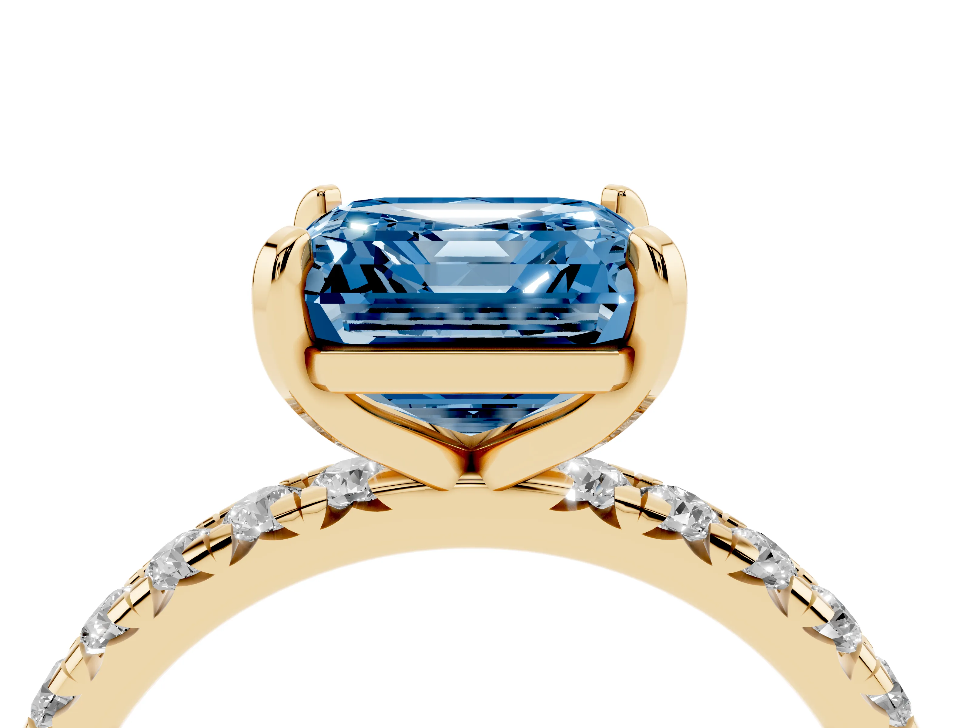 Fancy Blue Asscher Cut Diamond Pavé Solitaire Ring Set in Yellow gold with Round Band and Prong Setting