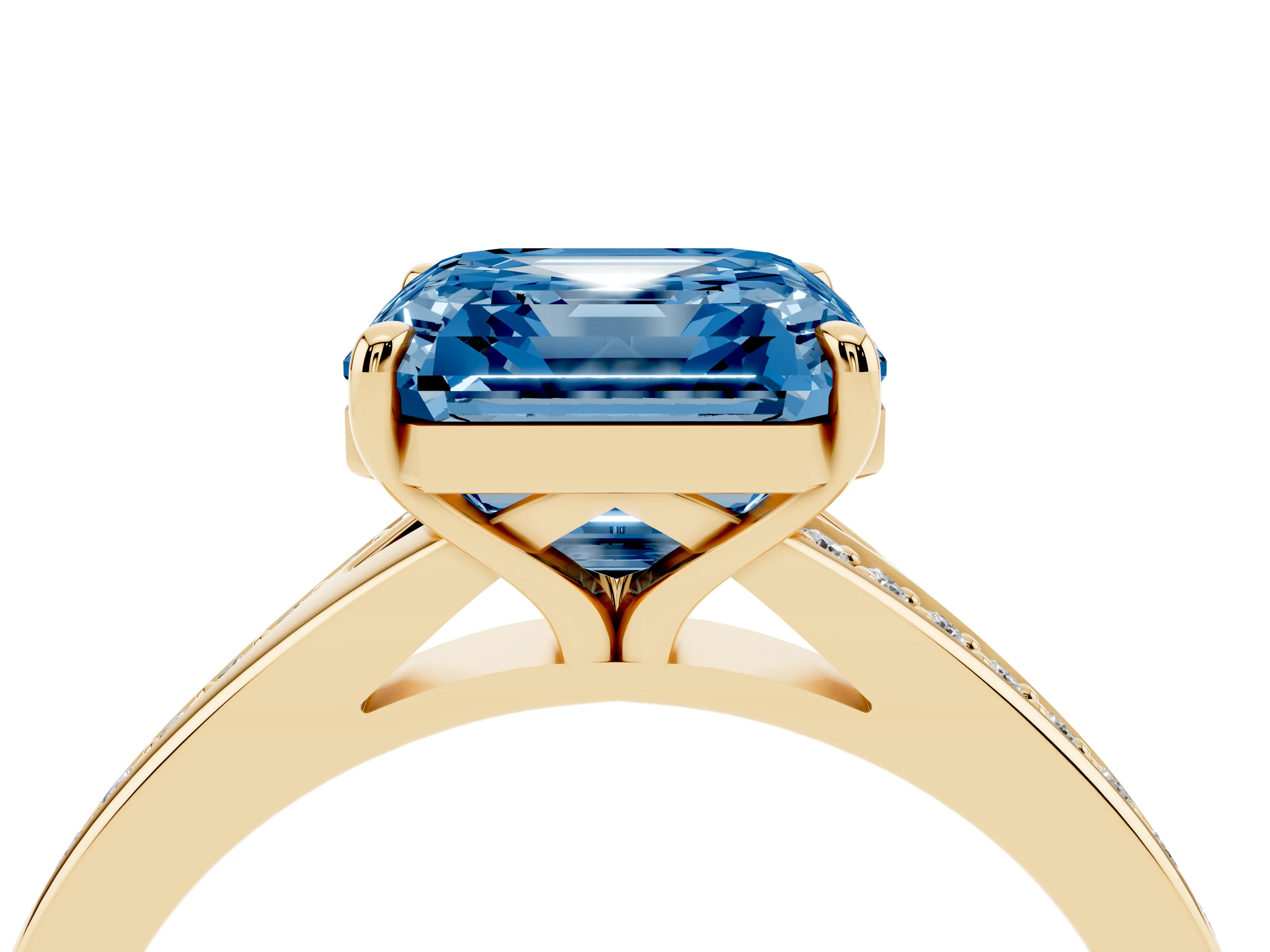 Fancy Blue Asscher Cut Diamond Solitaire Ring Set in Yellow gold with Pavé Accent Band and Classic Prong Setting