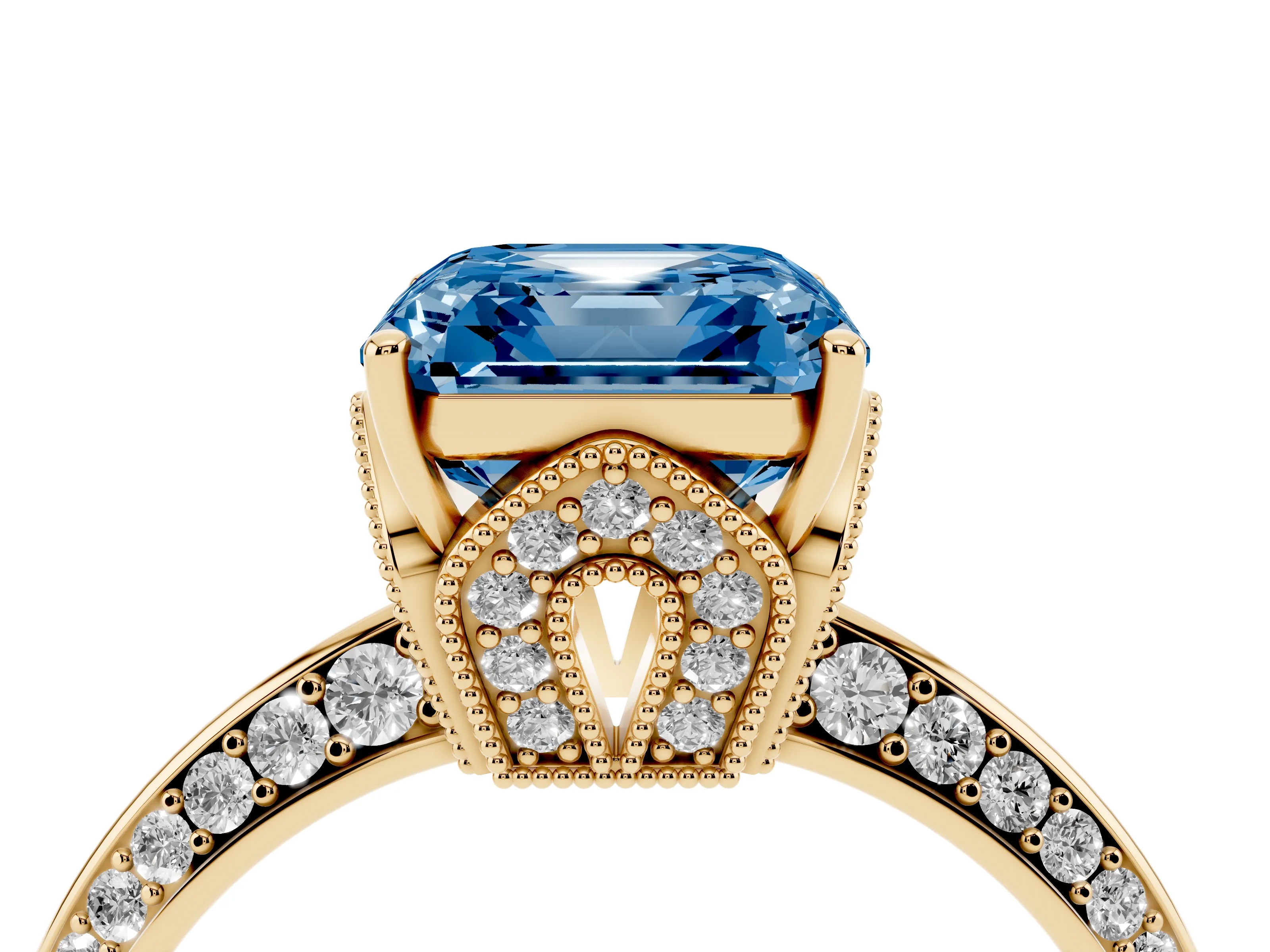 Fancy Blue Asscher Cut Diamond Solitaire Engagement Ring Set in Yellow gold with Pavé Split Shank and Prong Setting