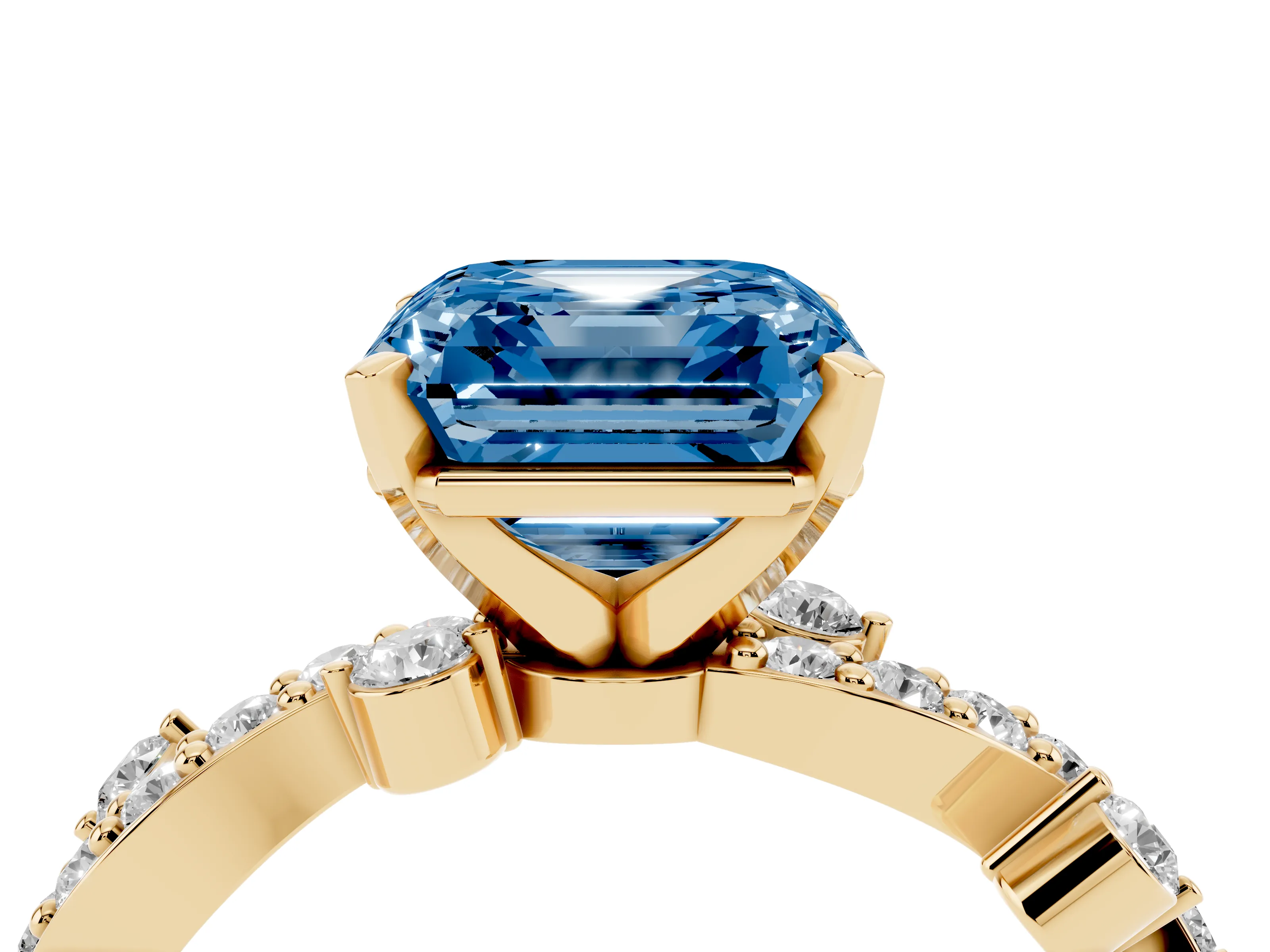 Fancy Blue Asscher Cut Diamond Solitaire Twisted Band Set in Yellow gold with Pavé Setting
