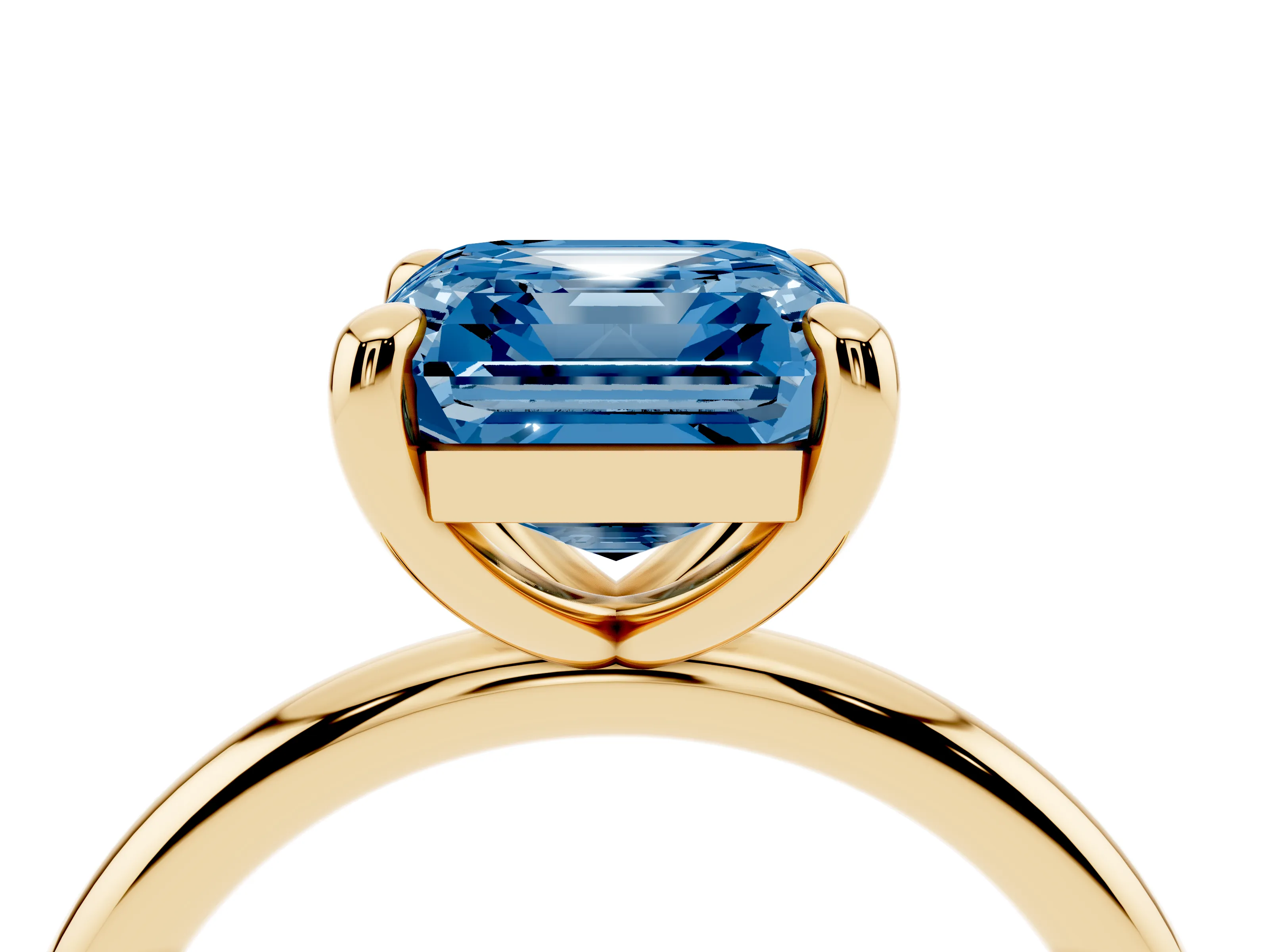 Fancy Blue Asscher Cut Diamond Solitaire Ring Set in Yellow gold with Prong Setting on a Polished Plain Band