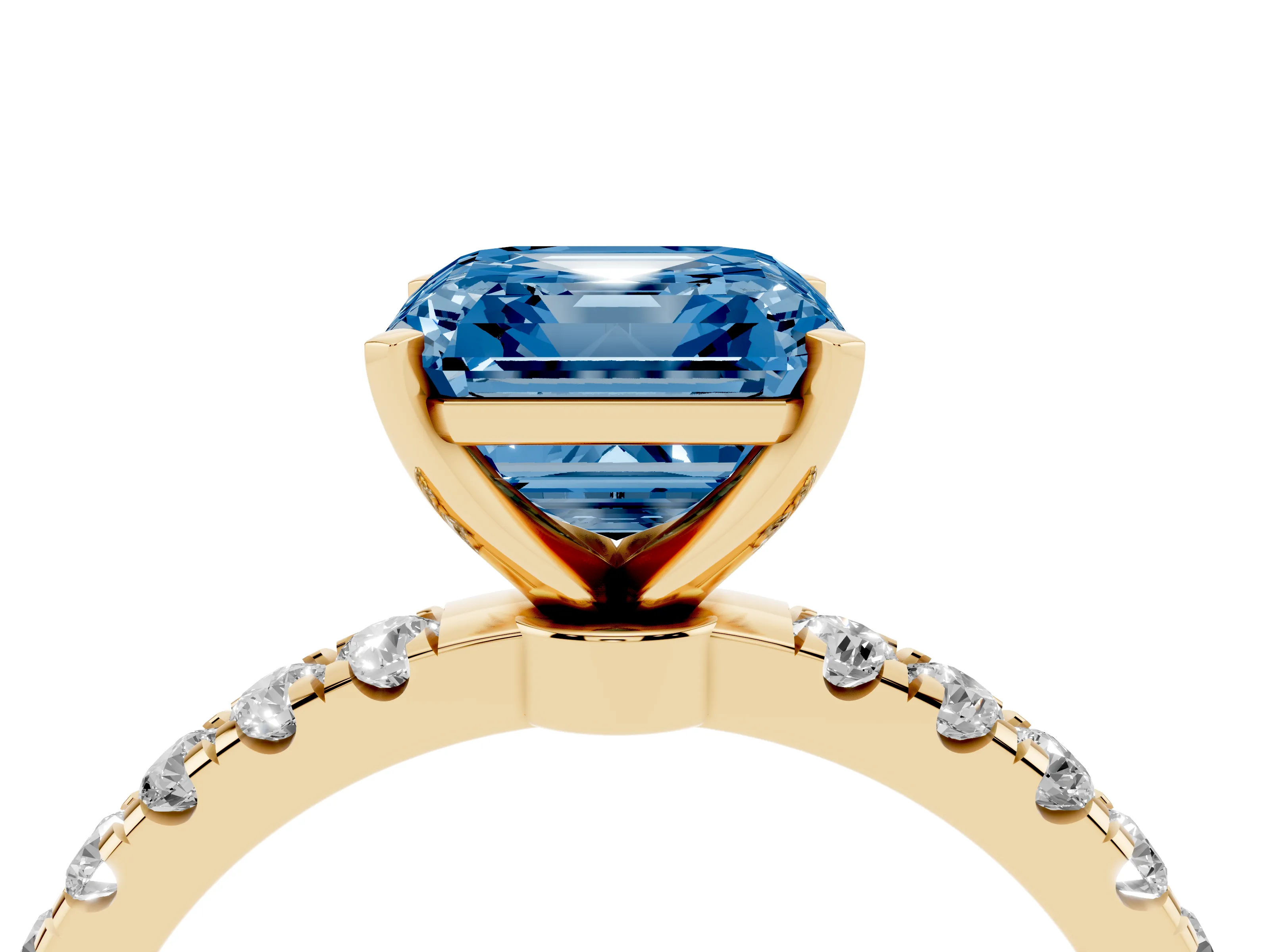 Fancy Blue Asscher Cut Diamond Solitaire Ring Set in Yellow gold with Pavé Accents and Prong Setting