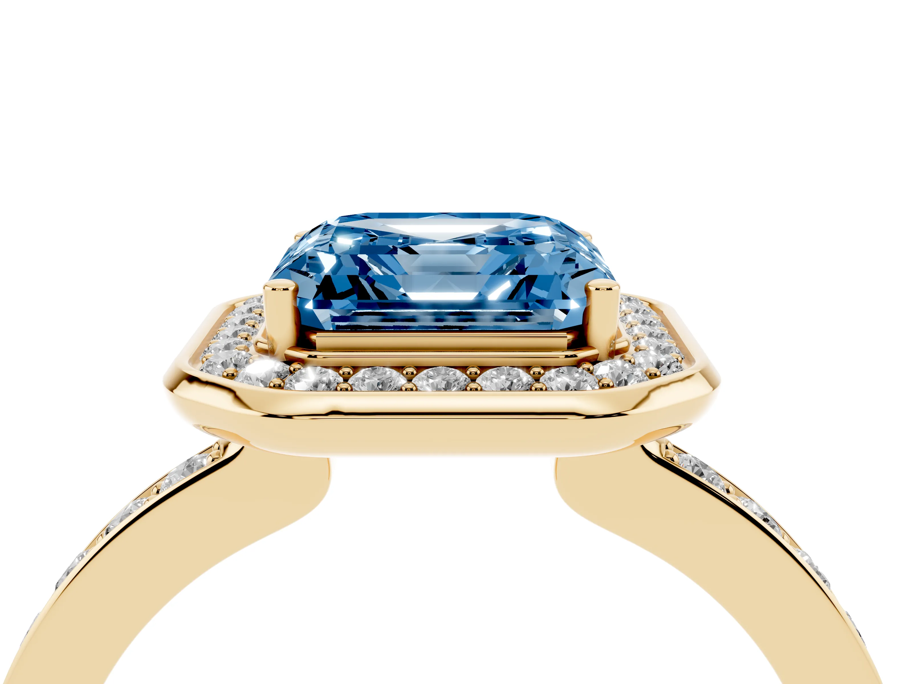 Fancy Blue Asscher Cut Diamond Halo Ring Set in Yellow gold with Bezel Frame and Pavé Band