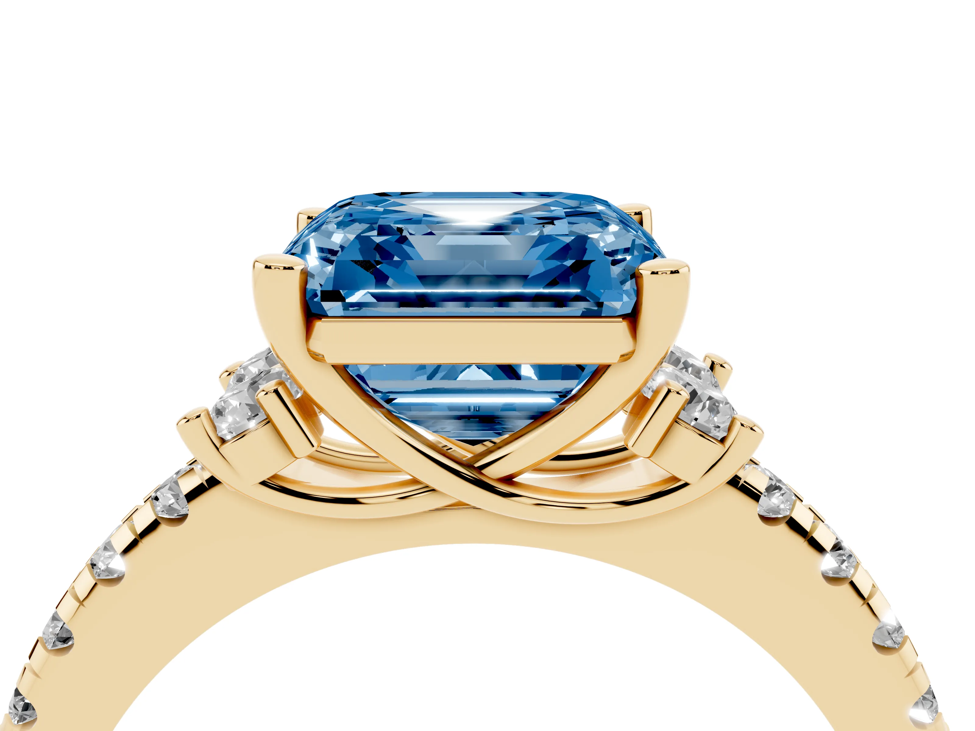 Fancy Blue Asscher Cut Diamond Three-Stone Pavé Ring Set in Yellow gold with Prong Setting