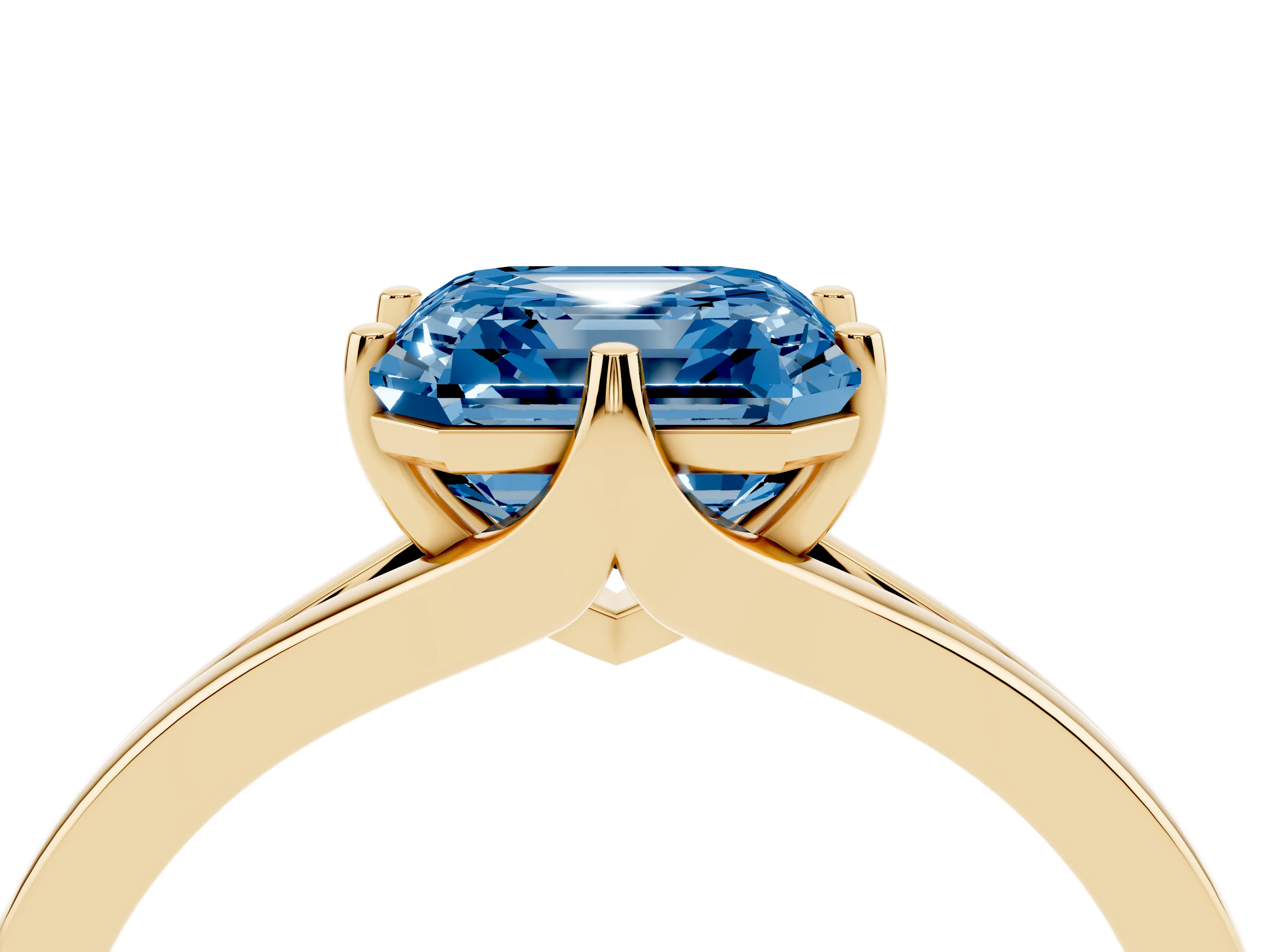 Fancy Blue Asscher Cut Diamond Solitaire Ring Set in Yellow gold with Polished Tapered Band and Prong Setting