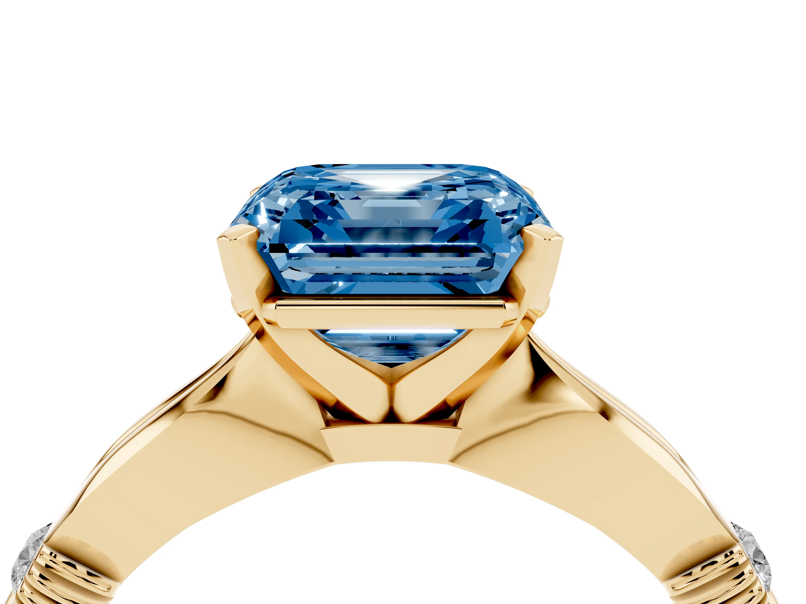 Fancy Blue Asscher Cut Diamond Solitaire Twisted Band Ring Set in Yellow gold with Accent Stones and Prong Setting