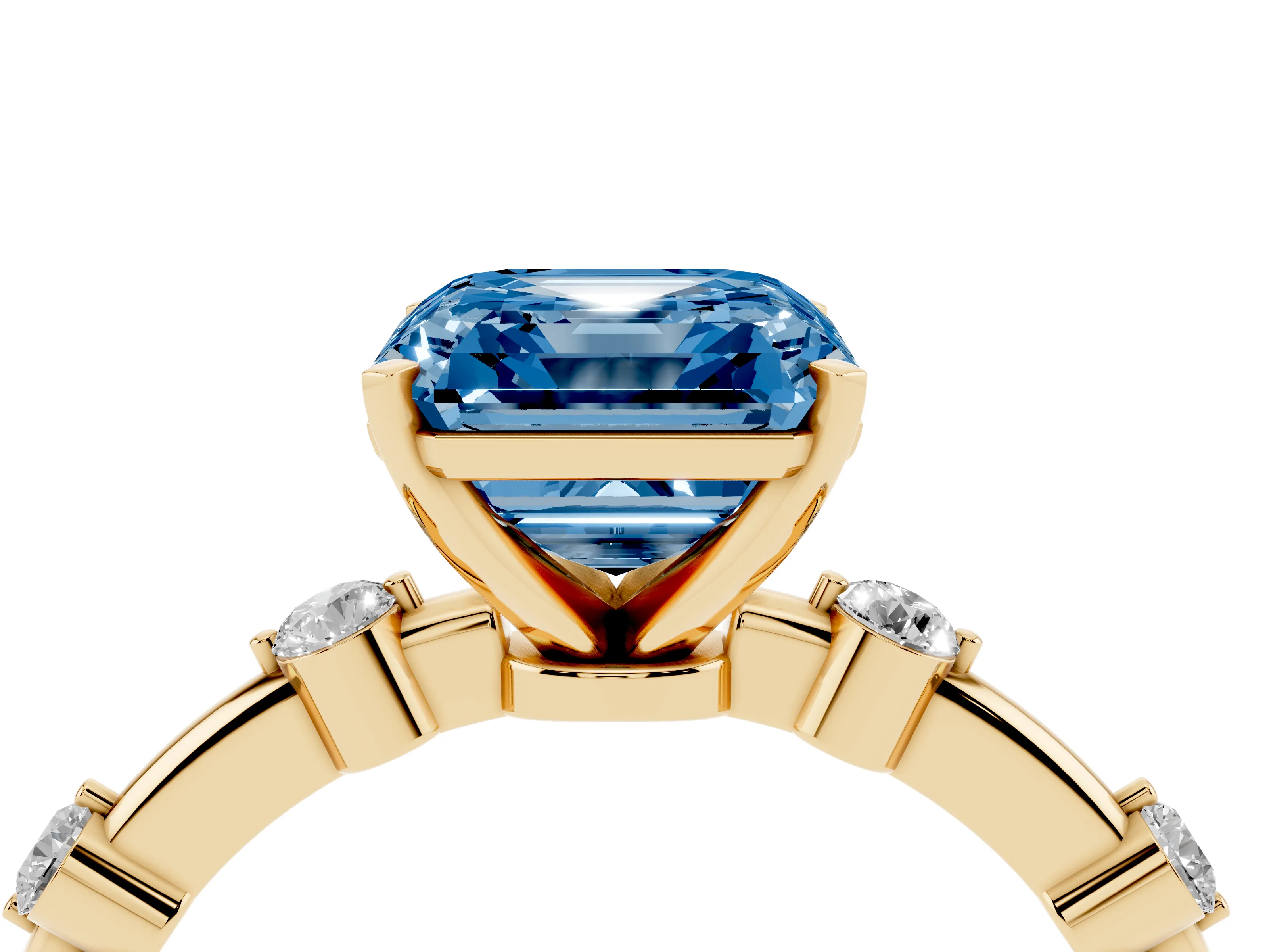 Fancy Blue Asscher Cut Diamond Solitaire Ring Set in Yellow gold with Bezel Set Side Stones and Prong Setting