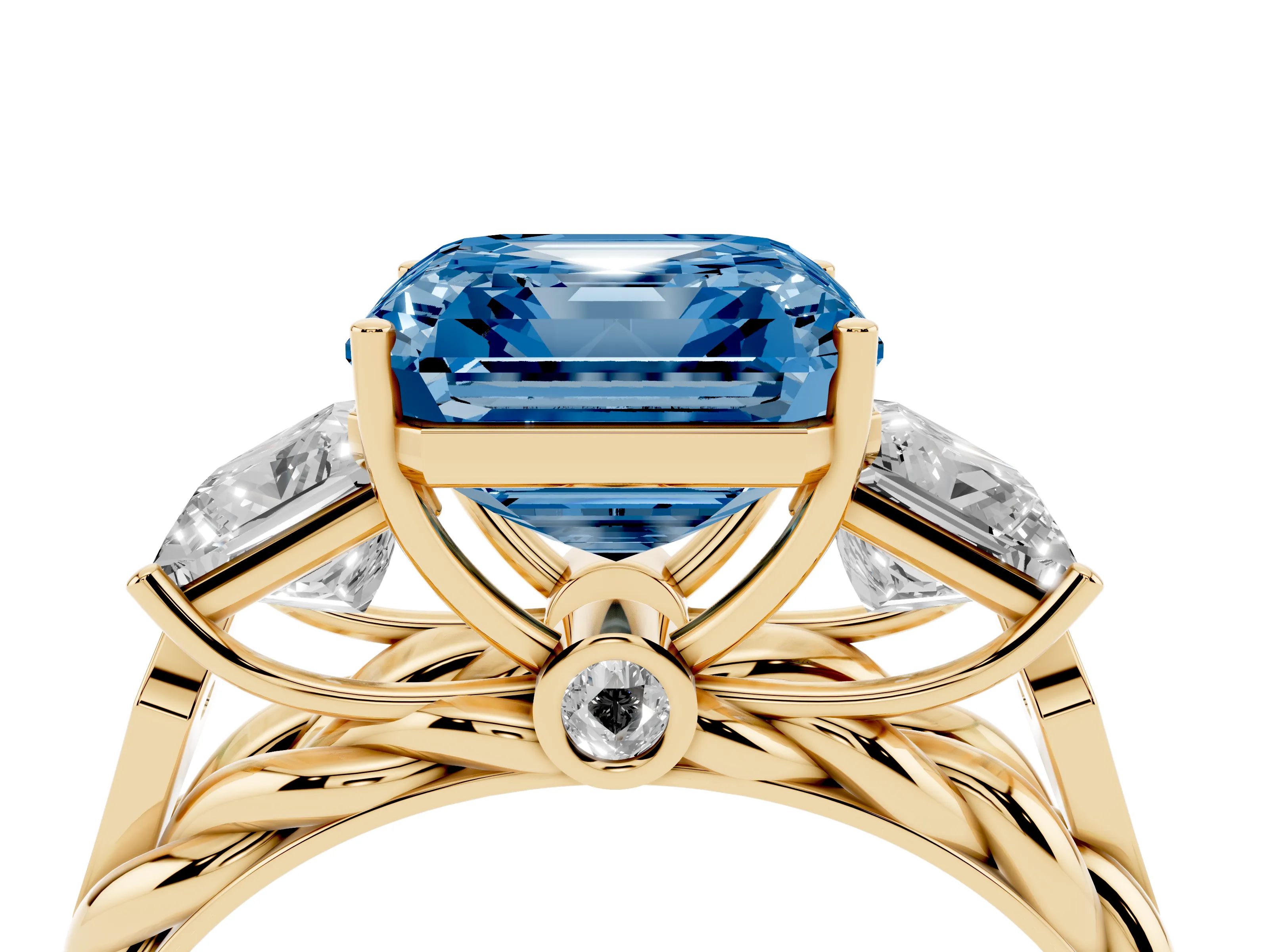 Fancy Blue Asscher Cut Diamond Three-Stone Ring Set in Yellow gold with Braided Band