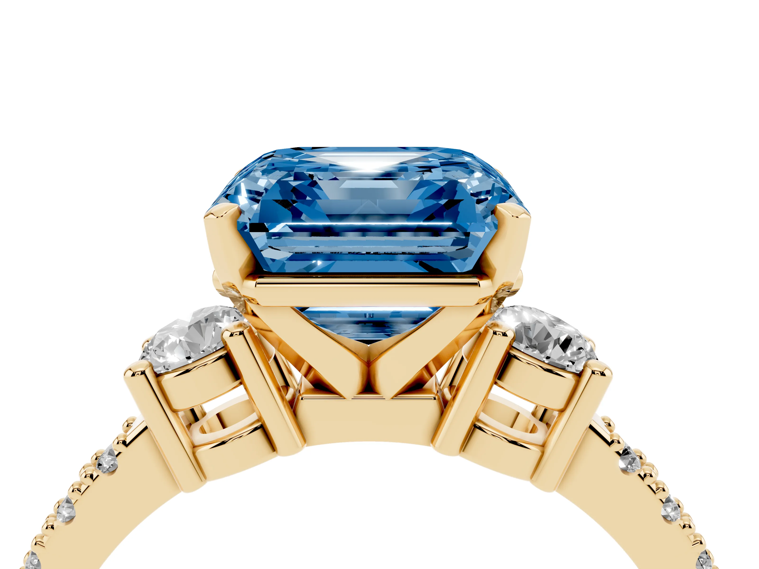 Fancy Blue Three-Stone Asscher Cut Diamond Pavé Band Ring Set in Yellow gold with Prong Setting