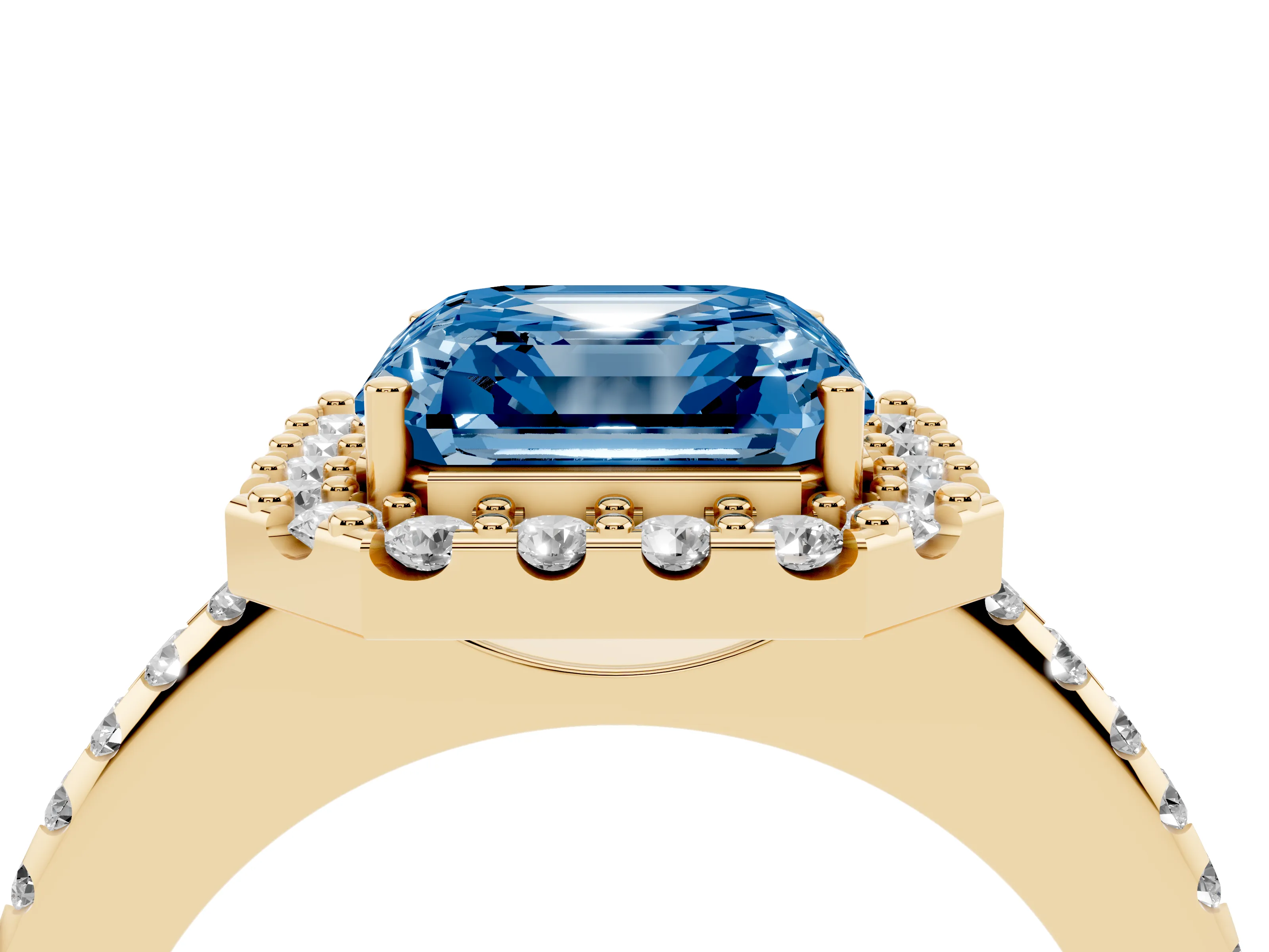 Fancy Blue Asscher Cut Diamond Pavé Halo Ring Set in Yellow gold with Prong Setting