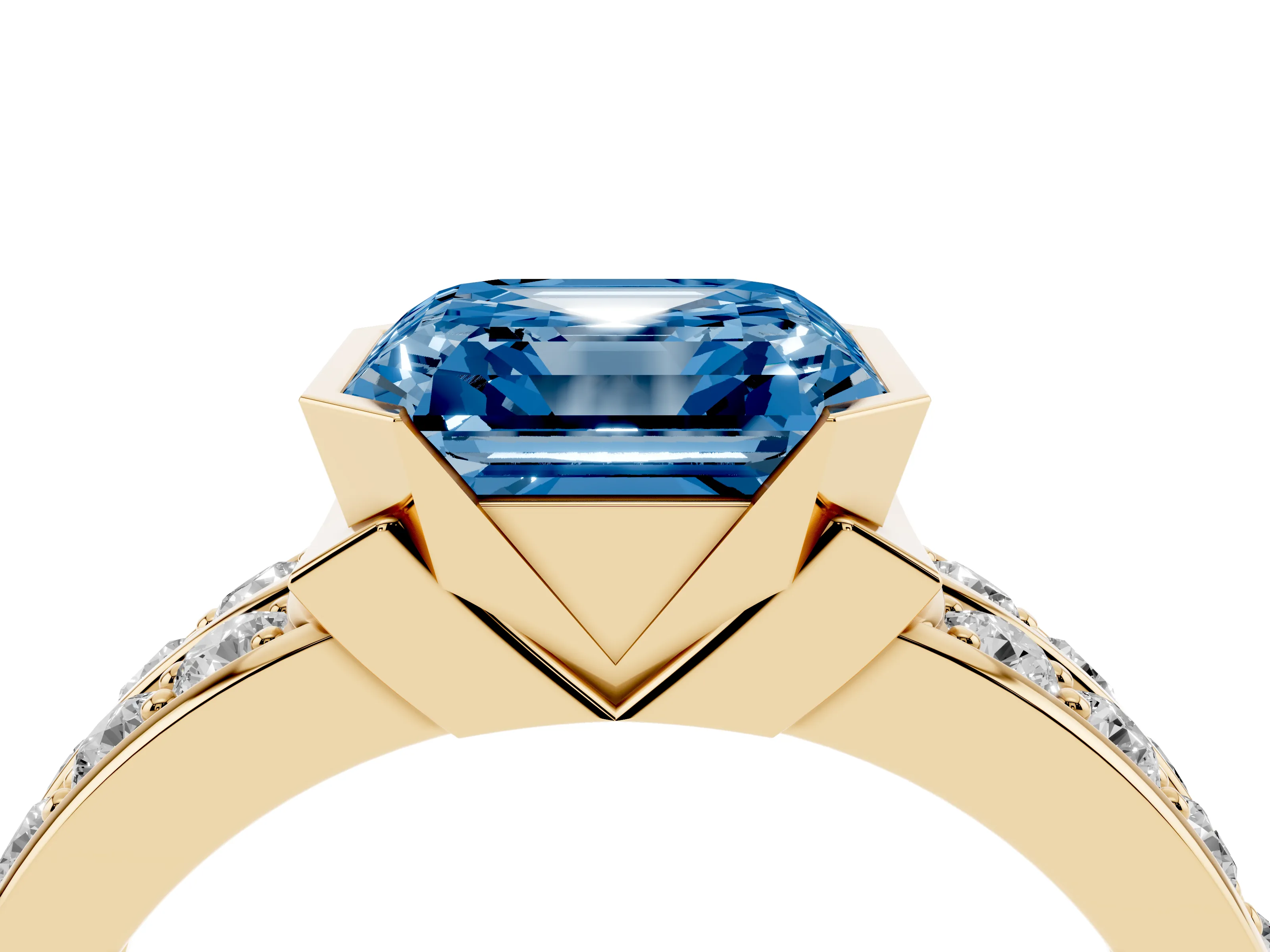 Fancy Blue Asscher Cut Diamond Wide Channel Set Band Ring Set in Yellow gold with Bezel Setting