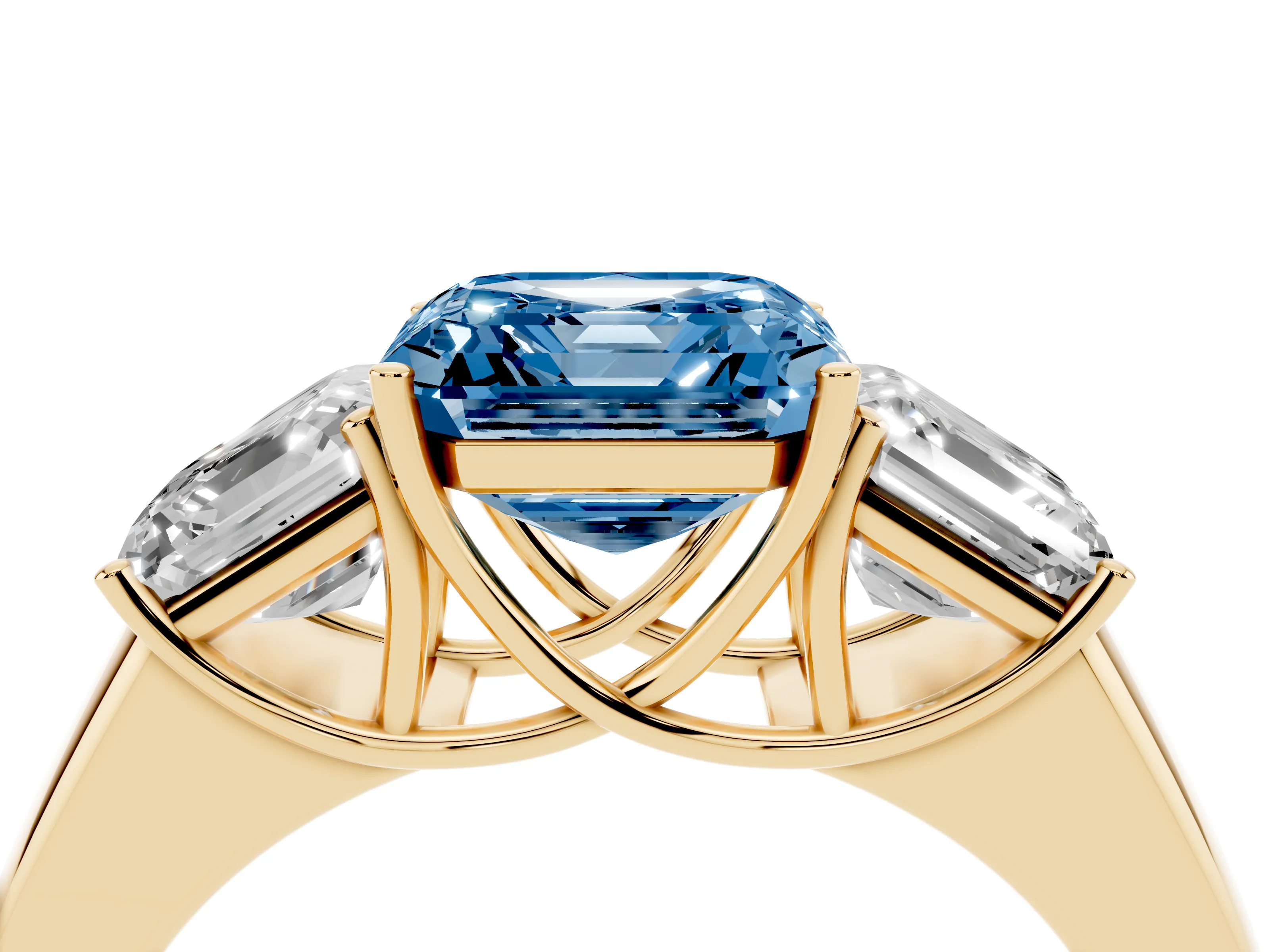 Fancy Blue Three-Stone Asscher Cut Diamond Ring Set in Yellow gold with Matching Prong Settings and Plain Band