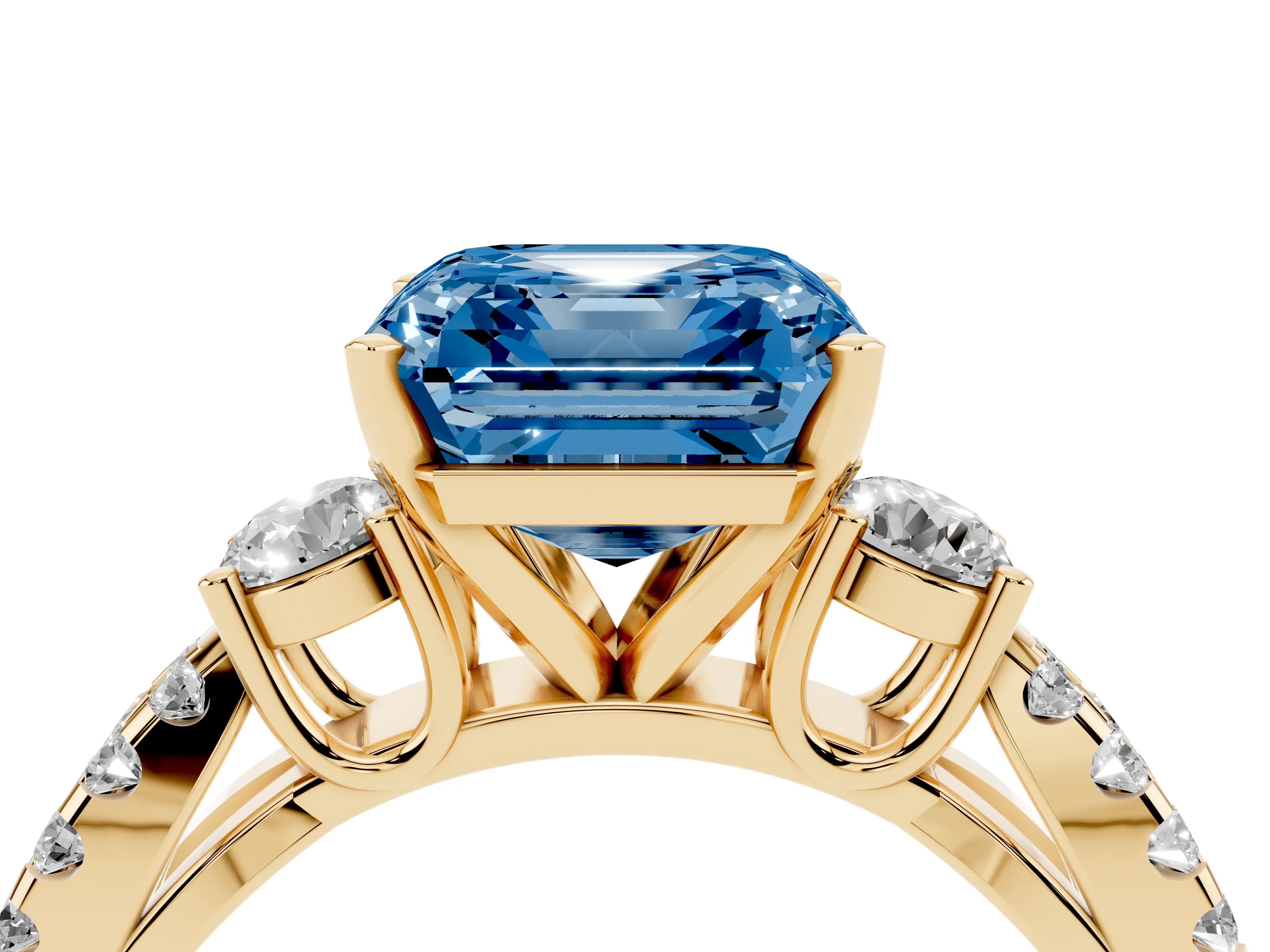 Fancy Blue Asscher Cut Diamond Three-Stone Ring Set in Yellow gold with Pavé Split Shank and Prong Setting