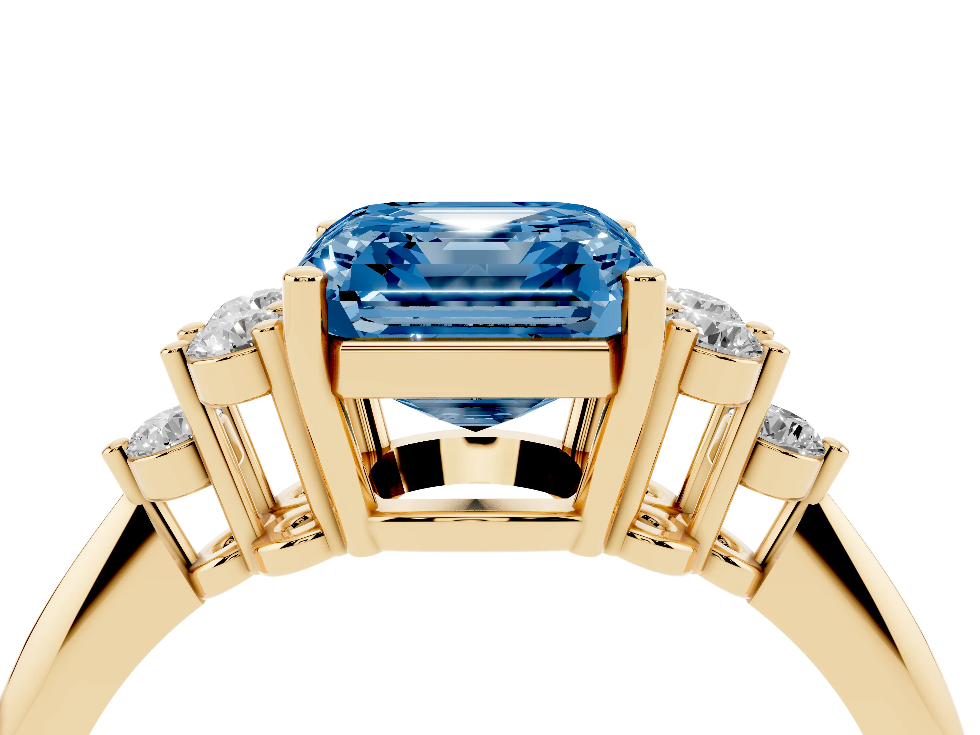 Fancy Blue Asscher Cut Diamond Cluster Ring Set in Yellow gold with Plain Band and Prong Setting