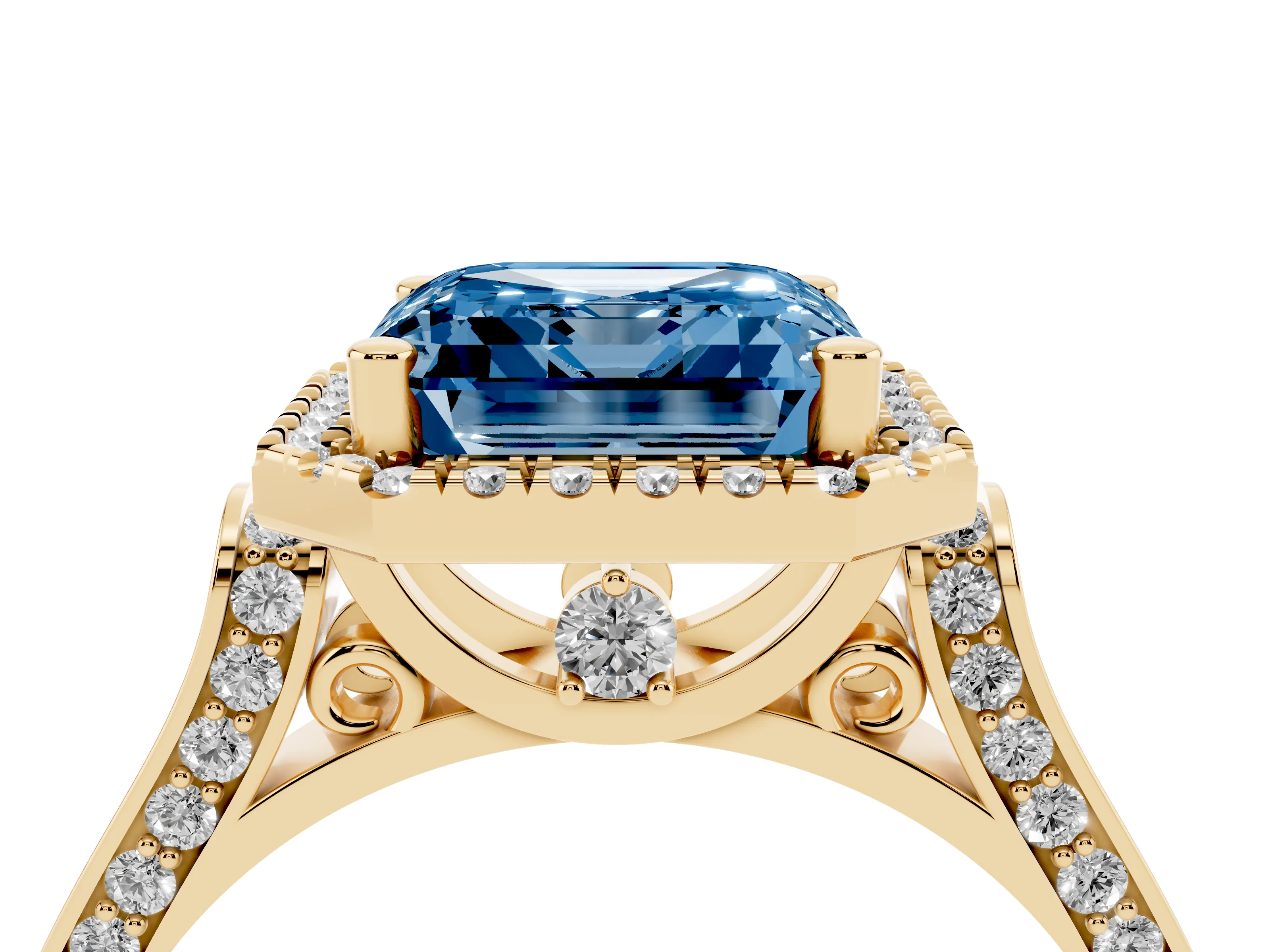Fancy Blue Asscher Cut Diamond Halo Ring Set in Yellow gold with Pavé-Lined Split Shank Band