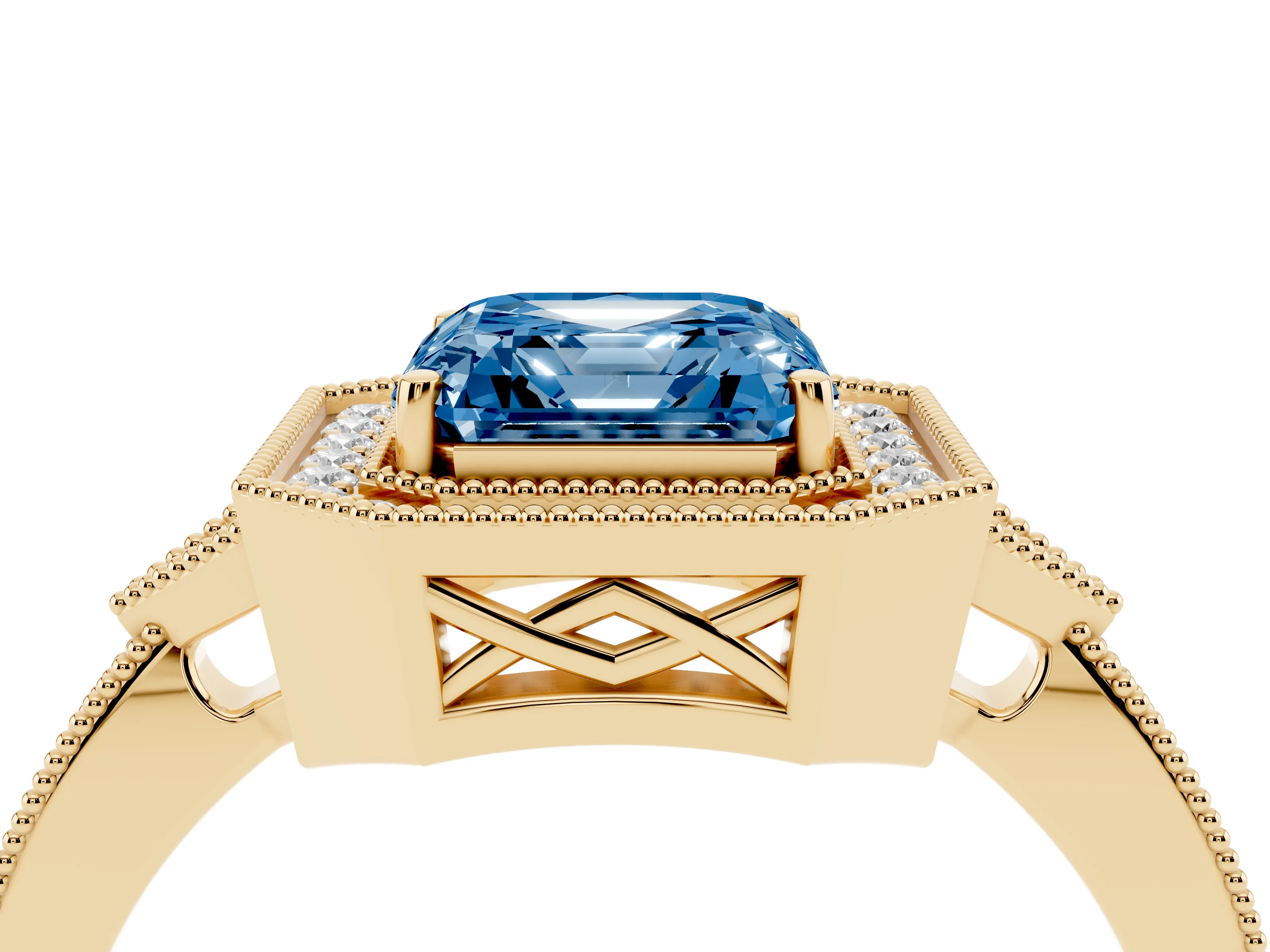 Fancy Blue Asscher Cut Diamond Halo Engagement Ring Set in Yellow gold with Milgrain Pavé Band