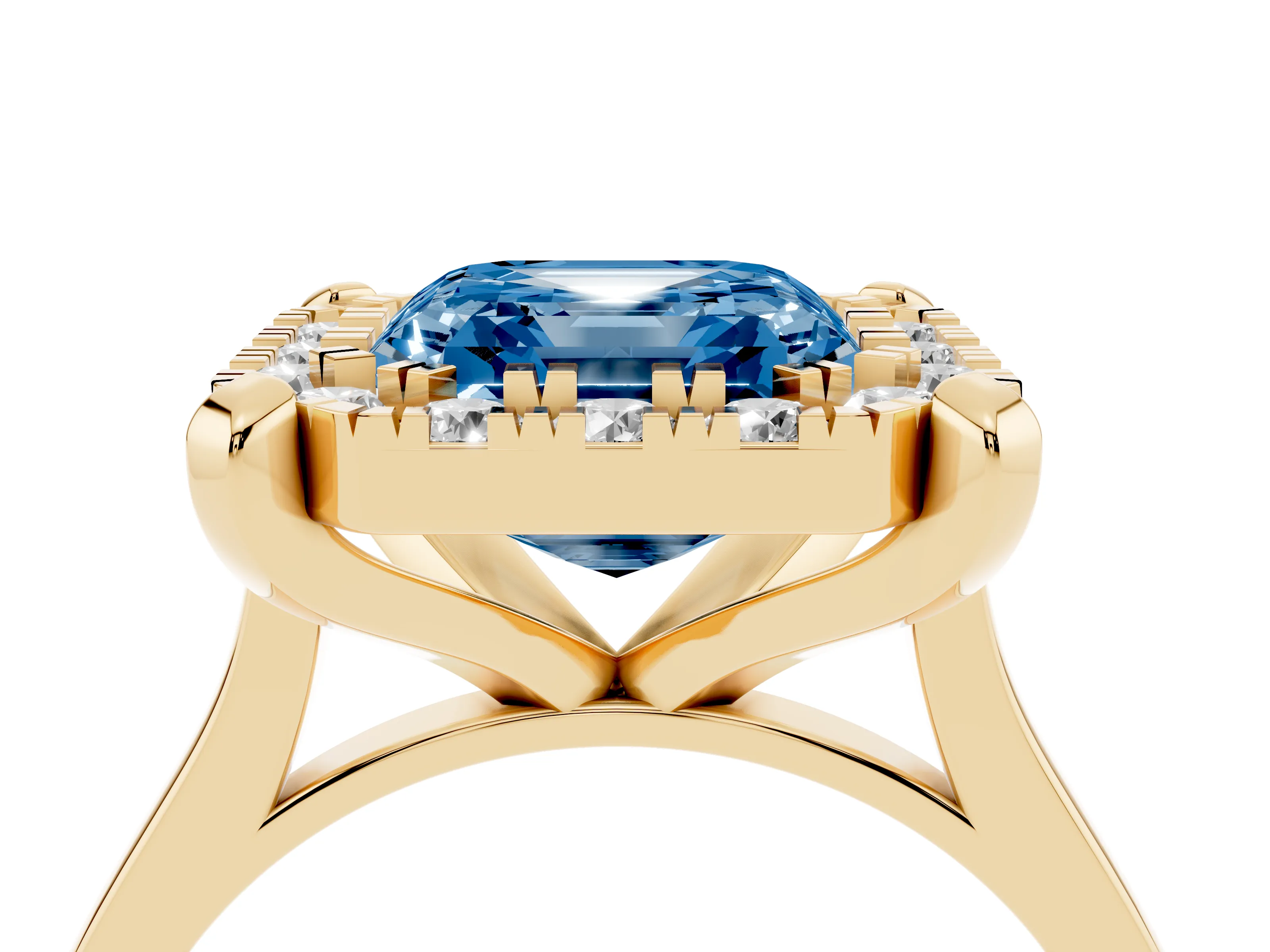 Fancy Blue Asscher Cut Diamond Cluster Halo Solitaire Ring Set in Yellow gold with Prong Setting