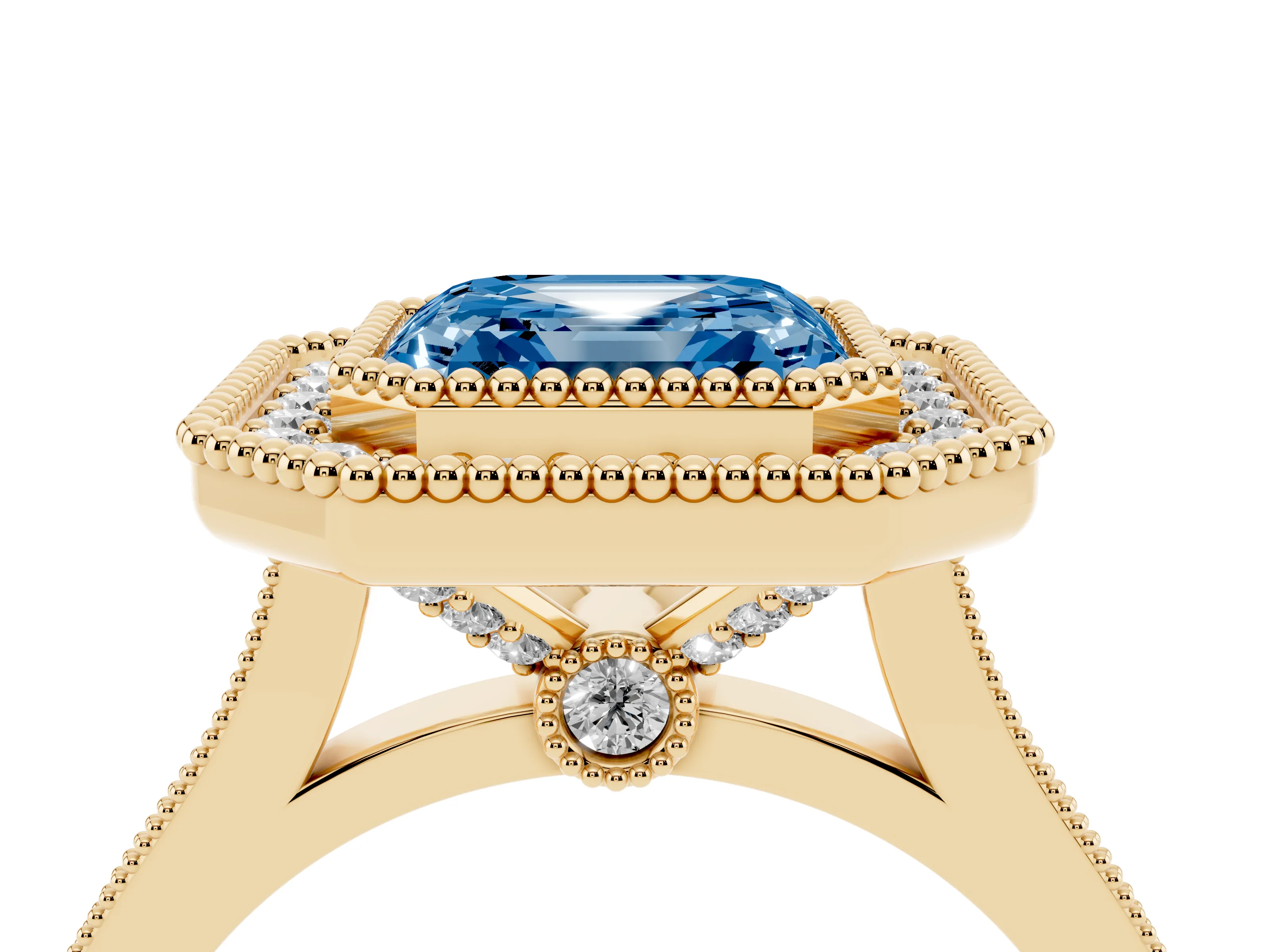 Fancy Blue Asscher Cut Diamond Halo Ring Set in Yellow gold with Milgrain Frame and Pavé Band