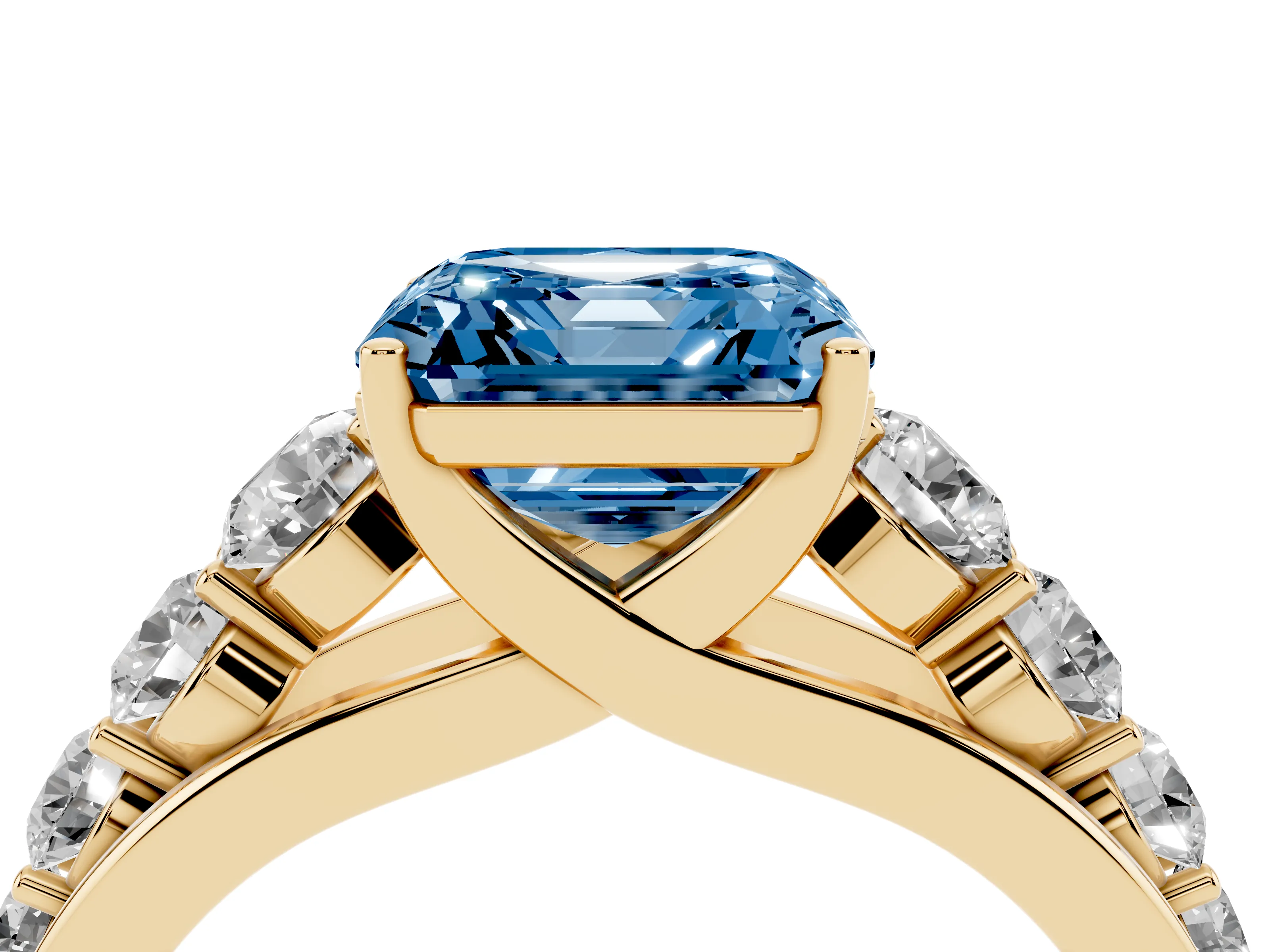 Fancy Blue Asscher Cut Diamond Solitaire Ring Set in Yellow gold with Pavé-Set Band and Prong Setting