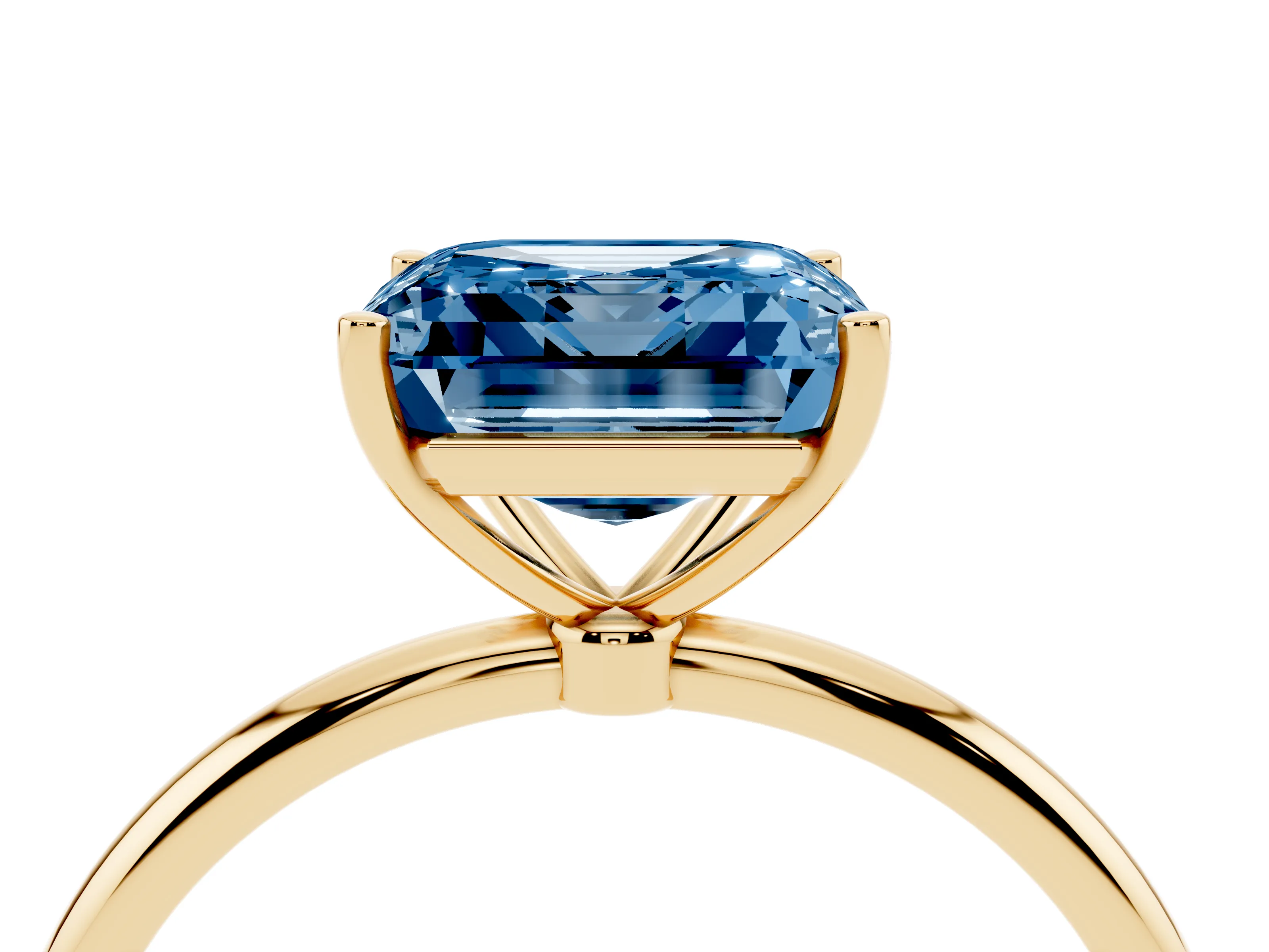 Fancy Blue Asscher Cut Diamond Solitaire Engagement Ring Set in Yellow gold with Thin Band and Prong Setting